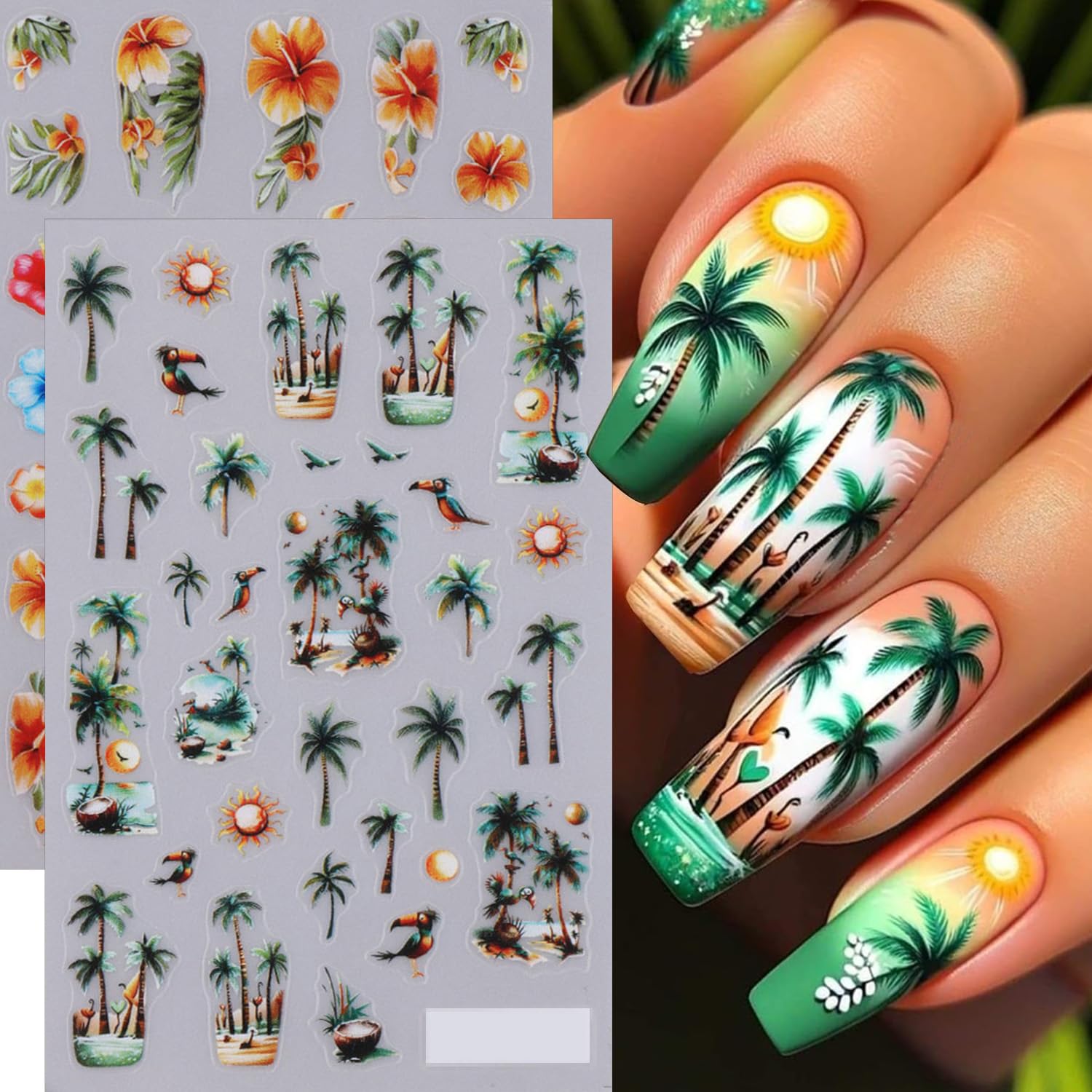 Summer Nail Art Stickers Palm Coconut Tree Nail Stickers Beach Ocean Theme Nail Decals 4PCS 3D Self-Adhesive Tropical Flower Leaf Flamingo Nail Designs Sticker Charms for Women Decorations