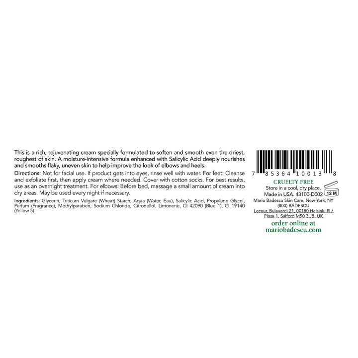 Mario Badescu Elbow & Heel Smoothing Cream, Rich, Thick Formula with Exfoliating Salicylic Acid, Overnight Foot Care for Cracked, Dry, Rough Skin, 2 Oz