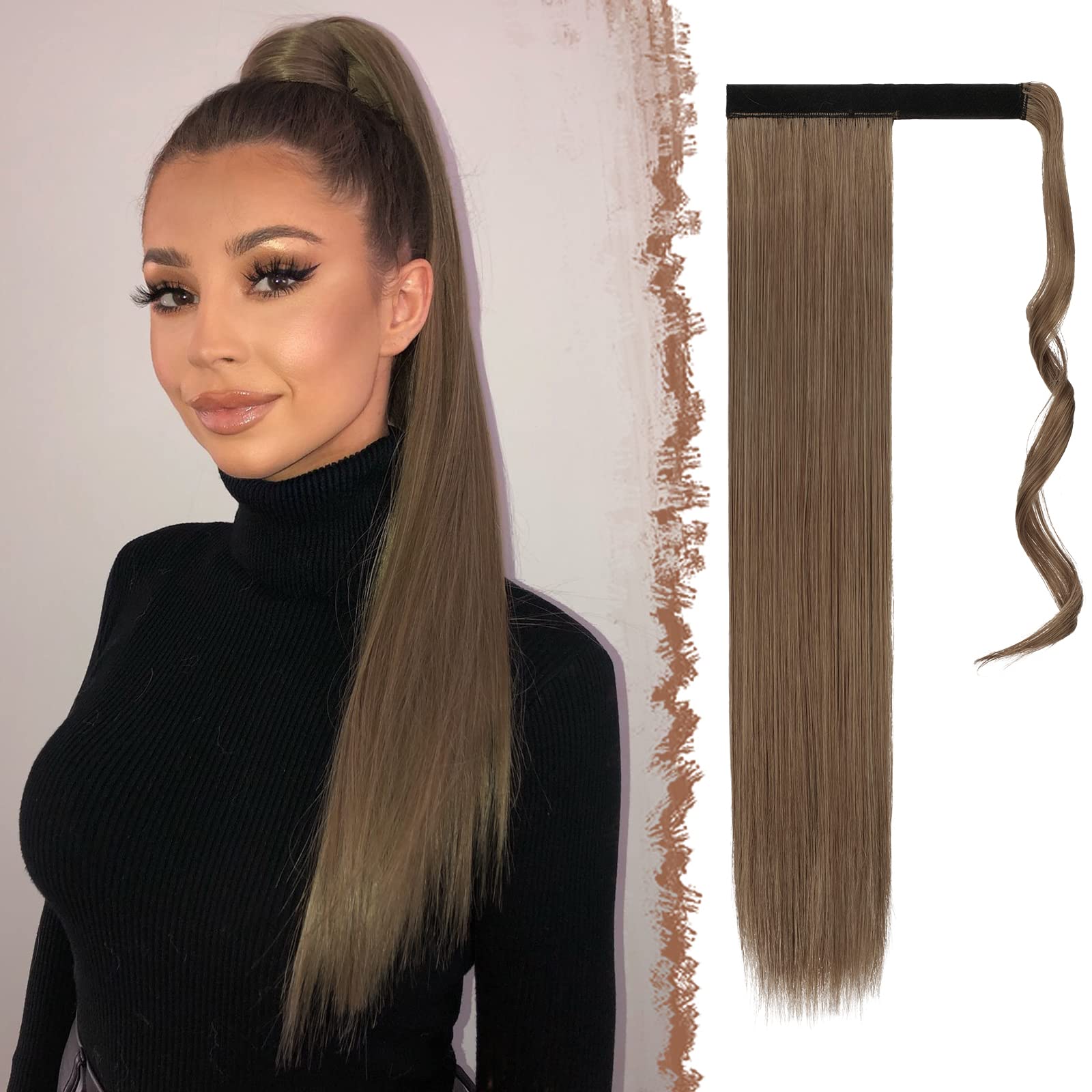 FESHFEN Straight Ponytail Extensions 28 Inch Long Wrap Around Synthetic Hair Piece Clip in Ponytail Hair Extensions Hairpiece for Women Girls 150g