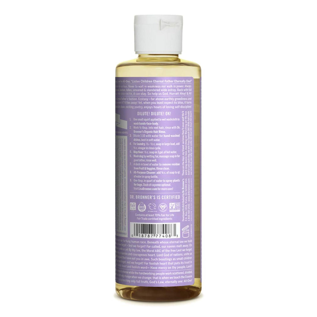 Dr. Bronnerââ‚¬â„¢s - Pure-Castile Liquid Soap (Lavender, 8 ounce) - Made with Organic Oils, 18-in-1 Uses: Face, Body, Hair, Laundry, Pets and Dishes, Concentrated, Vegan, Non-GMO