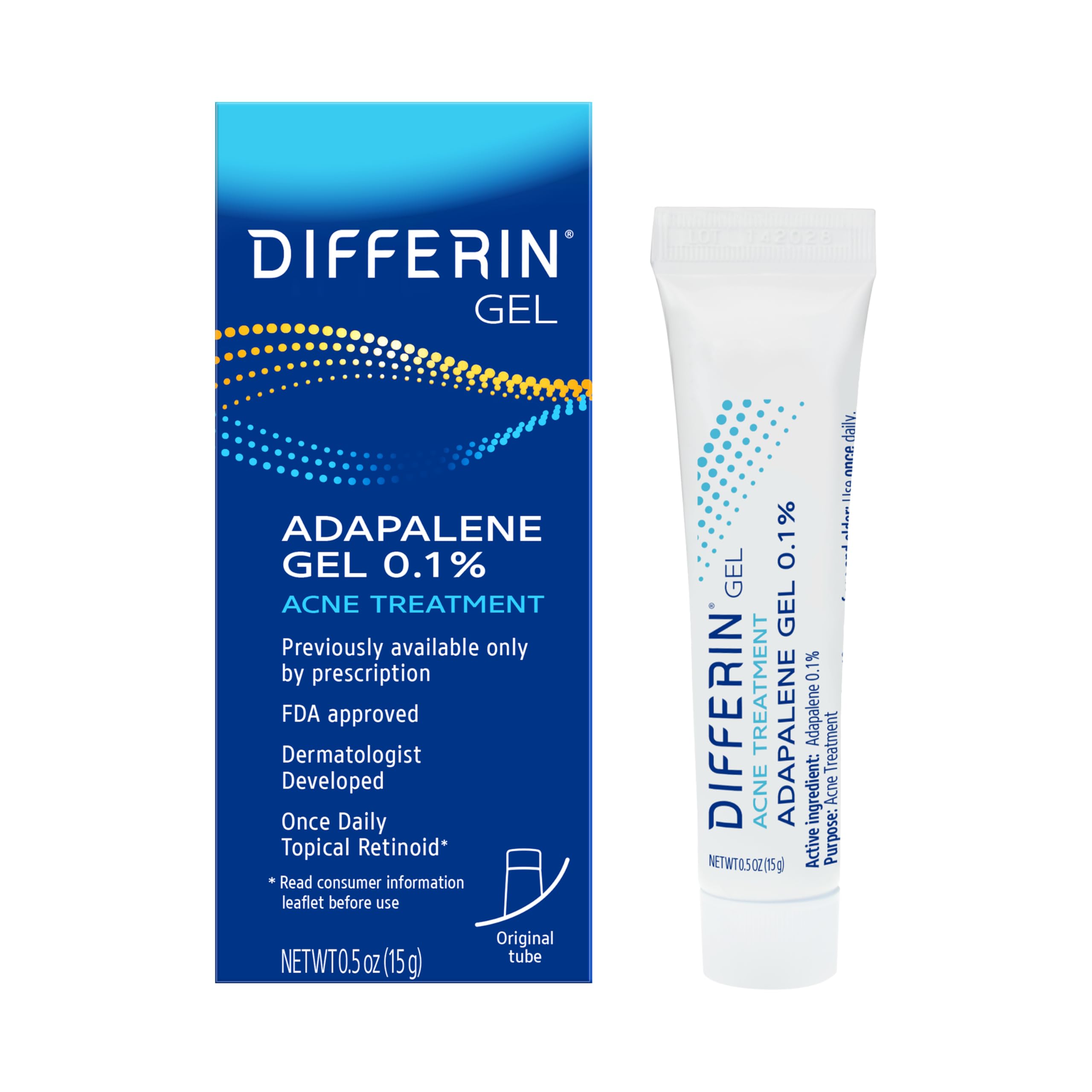 Differin Acne Treatment Gel, 30 Day Supply, Retinoid Treatment for Face with 0.1% Adapalene, Gentle Skin Care for Acne Prone Sensitive Skin, 15g Tube (Packaging May Vary)