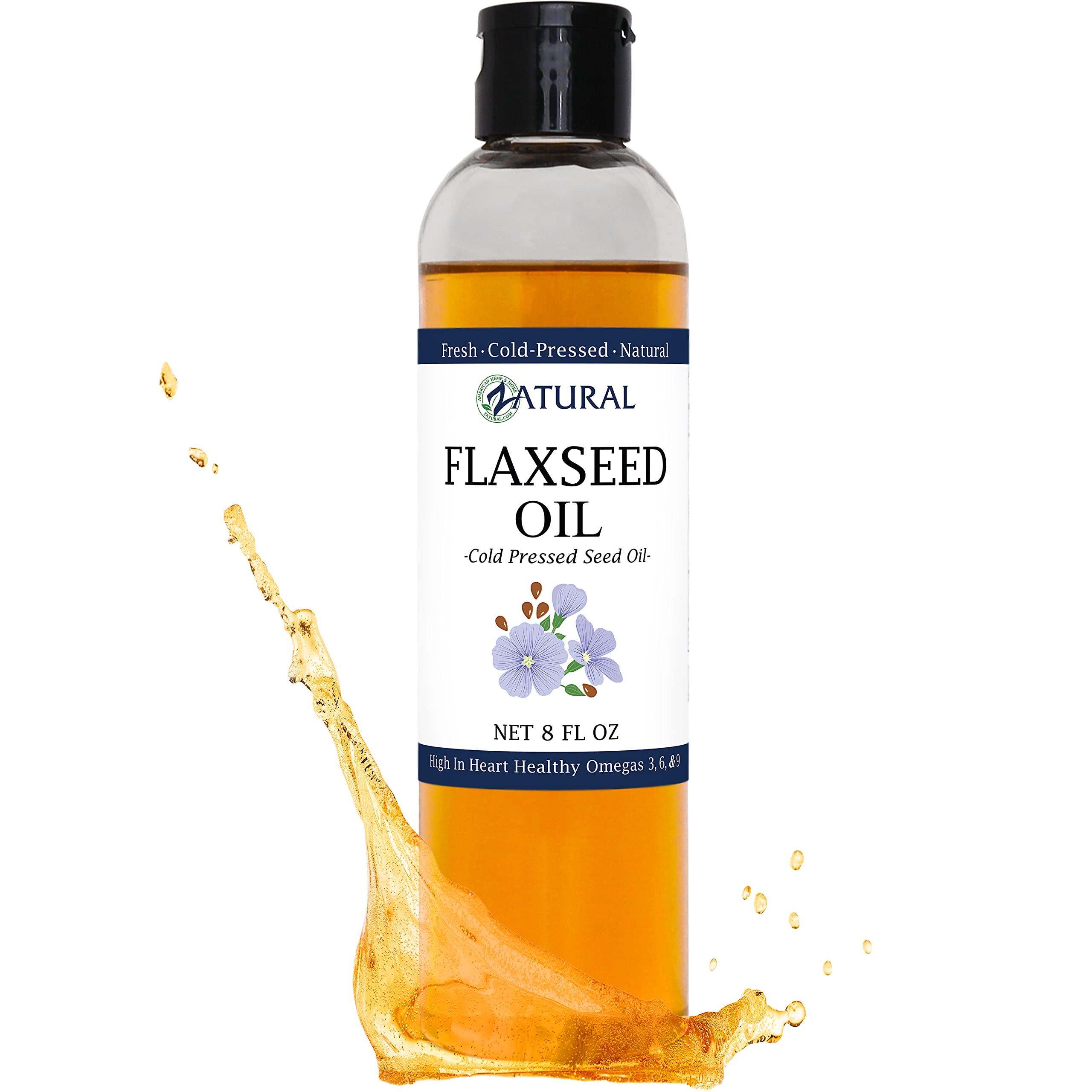 Zatural Flaxseed Oil Organically Grown 100% Pure Flax Seeds Cold Pressed Vegan Omega Fatty Acids (8oz)