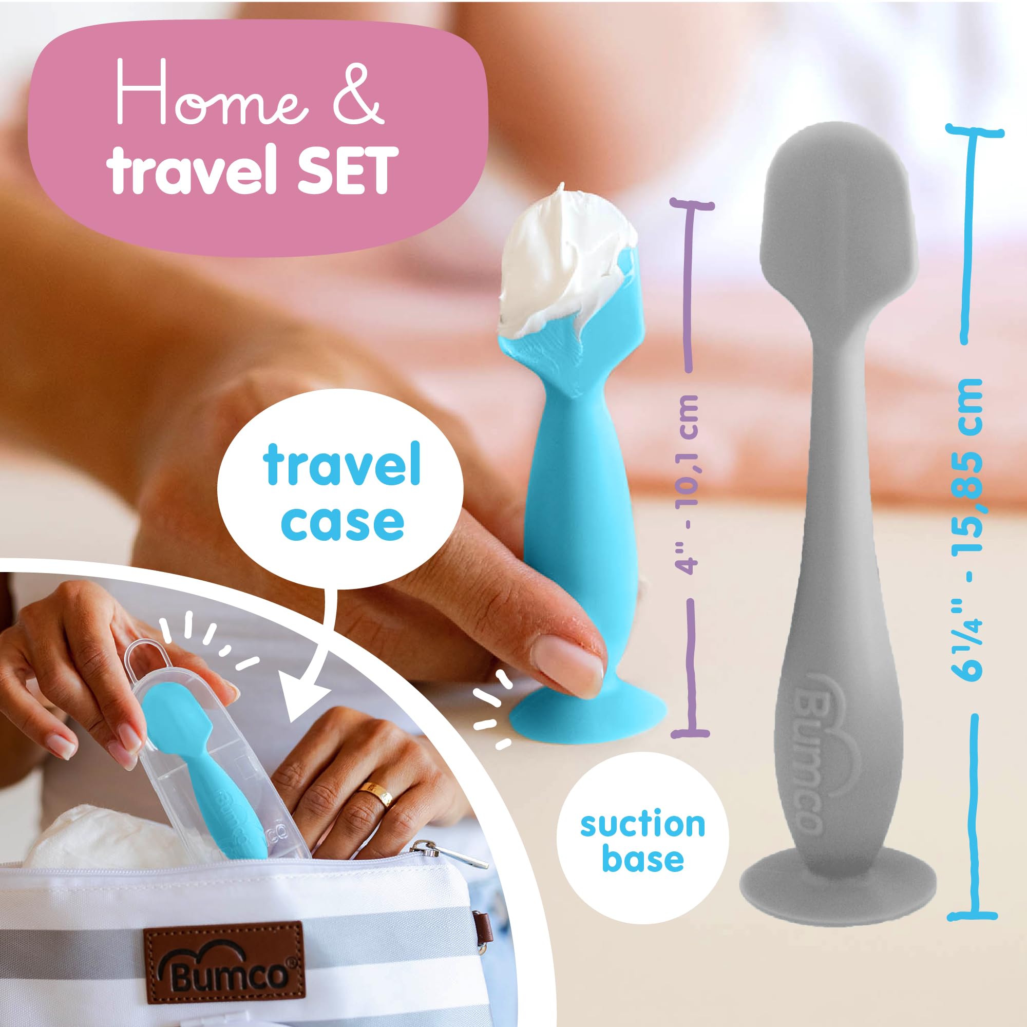Bumco Baby Bum Brush + Mini Diaper Cream Spatula with Case - BPA-Free Butt Spatula Baby, Soft Diaper Spatula, Baby Diaper Cream Applicator, Mom-Invented Diaper Bag Essentials, Butt Spatula