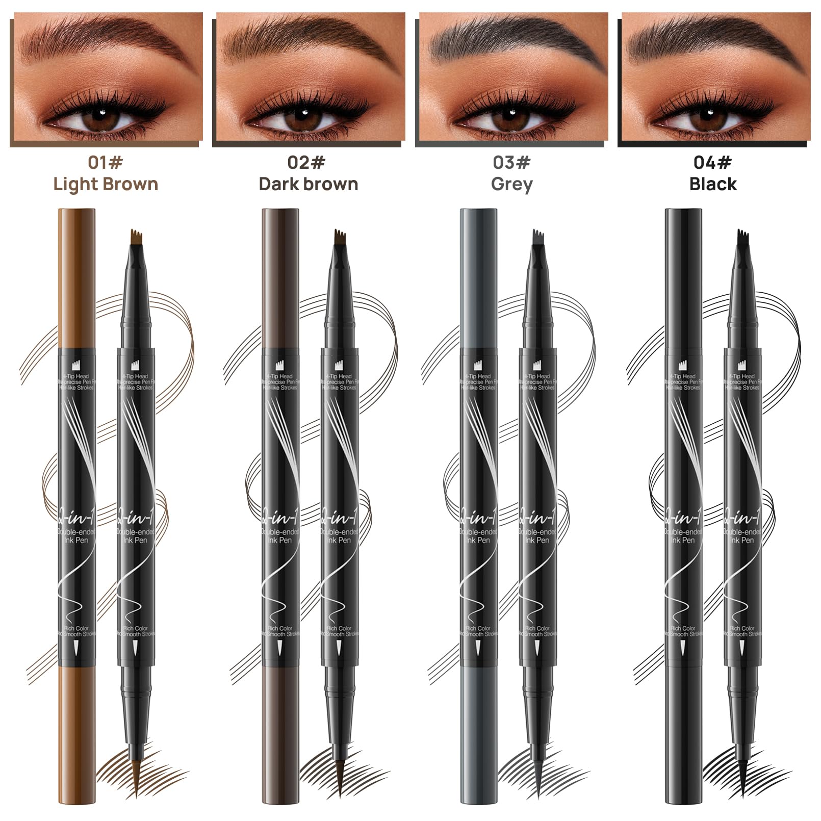 9706 2-in-1 Double-Ended Liquid Eyebrow Pen, 4 Tip Head& 1 Tip Ultra Fine Eyebrow Pen,Easily Draw Realistic Eyebrows, 4 Color, Waterproof (2#Dark Brown)