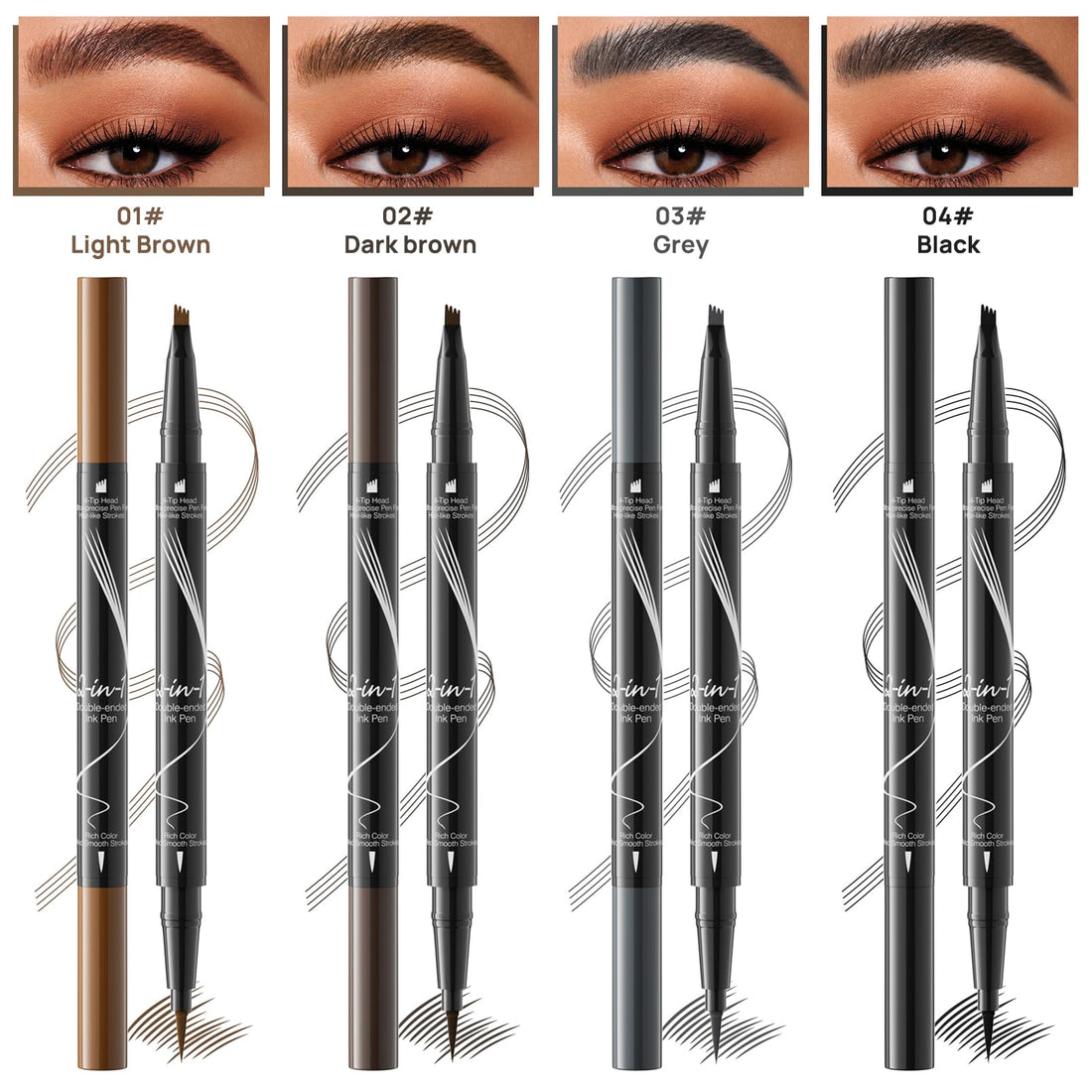 9706 2-in-1 Double-Ended Liquid Eyebrow Pen, 4 Tip Head& 1 Tip Ultra Fine Eyebrow Pen,Easily Draw Realistic Eyebrows, 4 Color, Waterproof (2#Dark Brown)