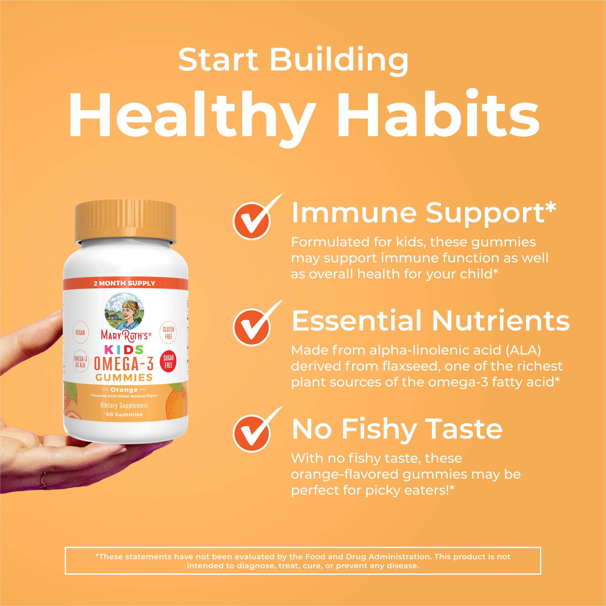 MaryRuth Organics Vegan Omega 3 Gummies for Kids 2+, 2 Month Supply, Sugar Free, Omega 3 Supplement with Vitamin C, Flaxseed Oil, Immune Support, Essential Nutrient ALA, No Fish Taste, 60 Count