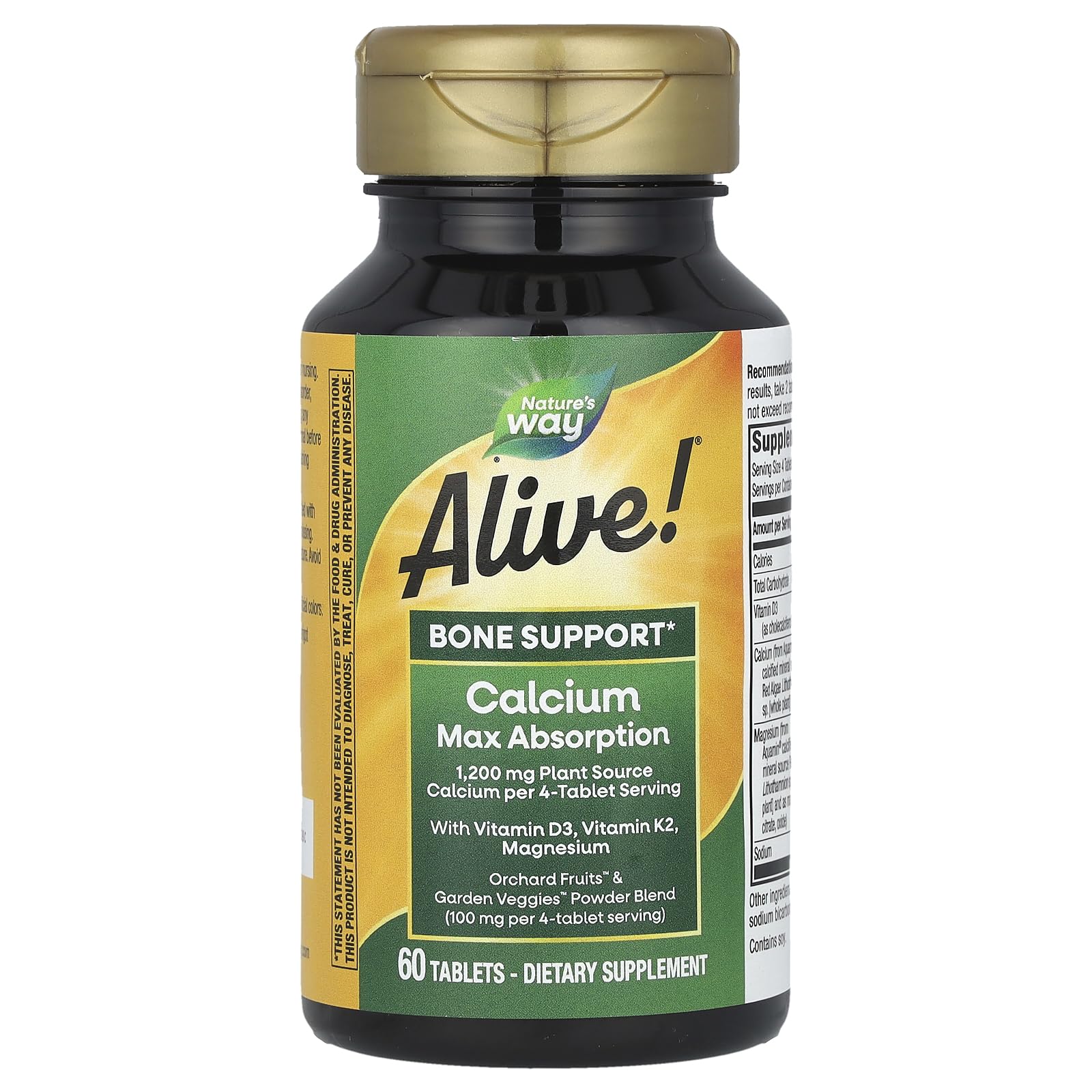 Nature's Way Alive! Calcium Max Absorption, Plant Source Calcium, Vitamin D3 & K2, Magnesium, Bone Support*, 60 Tablets (Packaging May Vary)