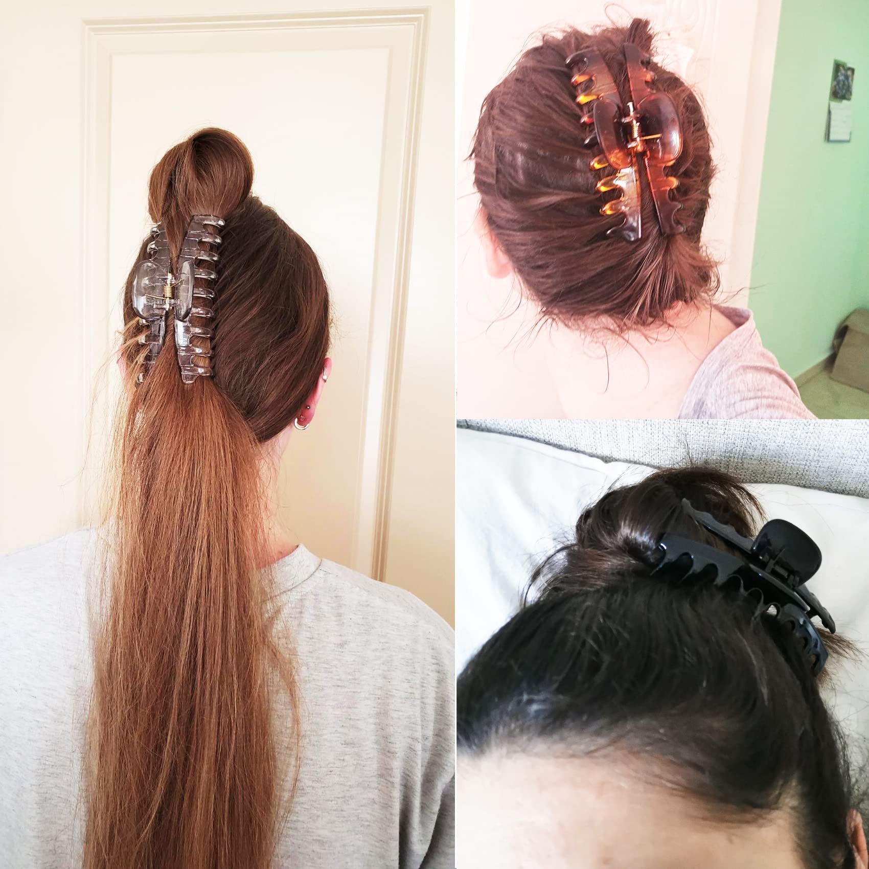 Kitiin Strong hold hair claw clips for women thick hair, 3 counts in set of black/tortoise shell Brown/Clear resin hair clips large size (Plain)