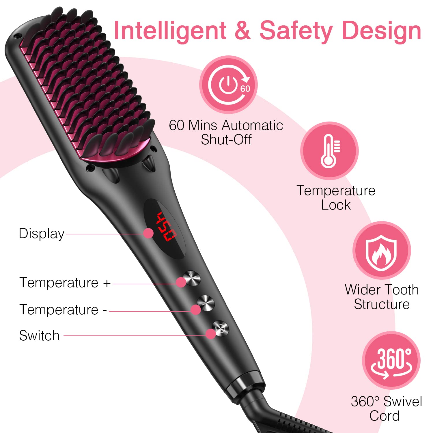 MiroPure 2 in 1 Ionic Hair Straightener Brush with Heat Resistant Glove and Temperature Lock Function