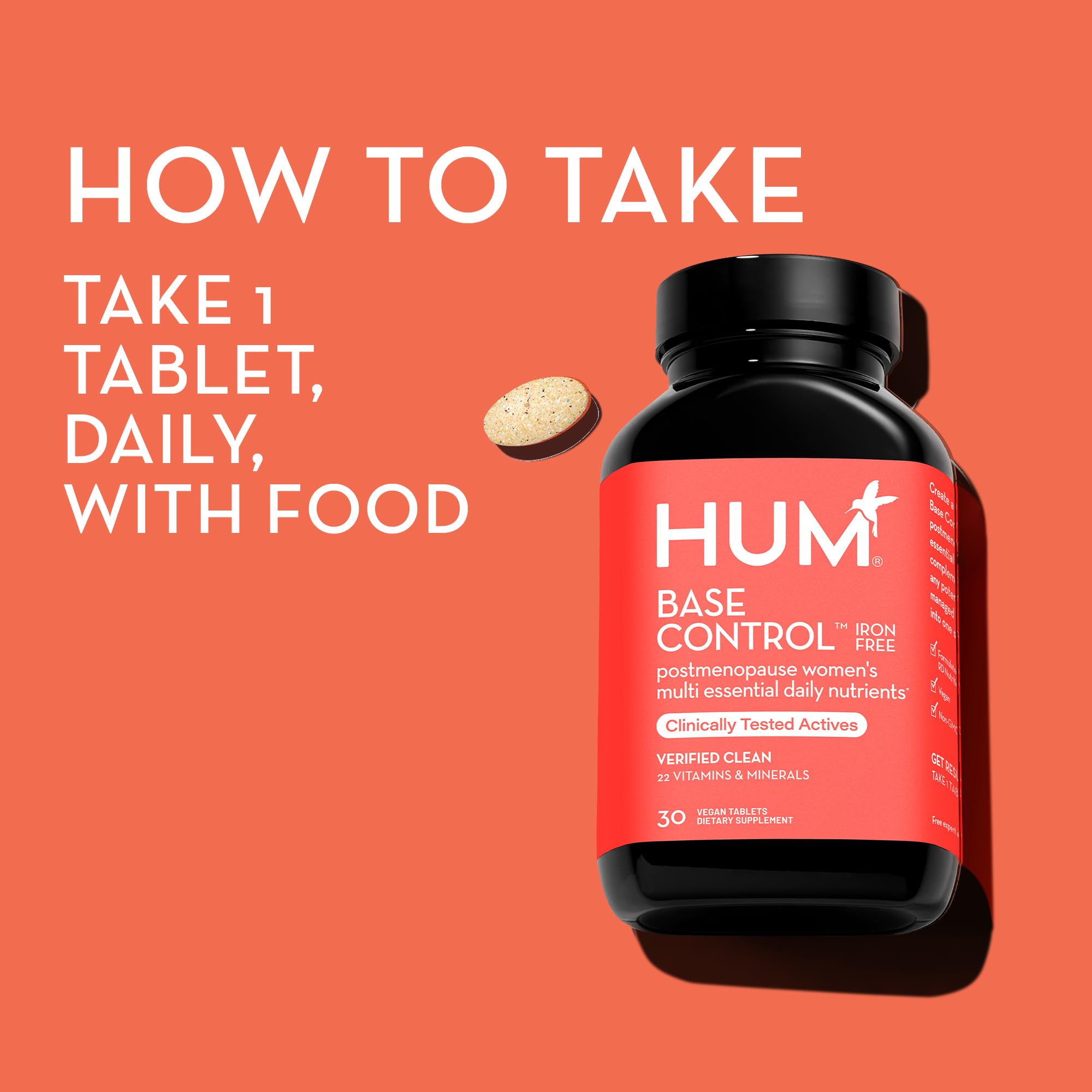 HUM Base Control -Iron Free,Daily Women's Minerals with B Complex, Vitamin C, 22 Micro-Nutrients to Support Postmenopausal Women - Non-GMO, Soy-Free, Gluten-Free (30-Count)