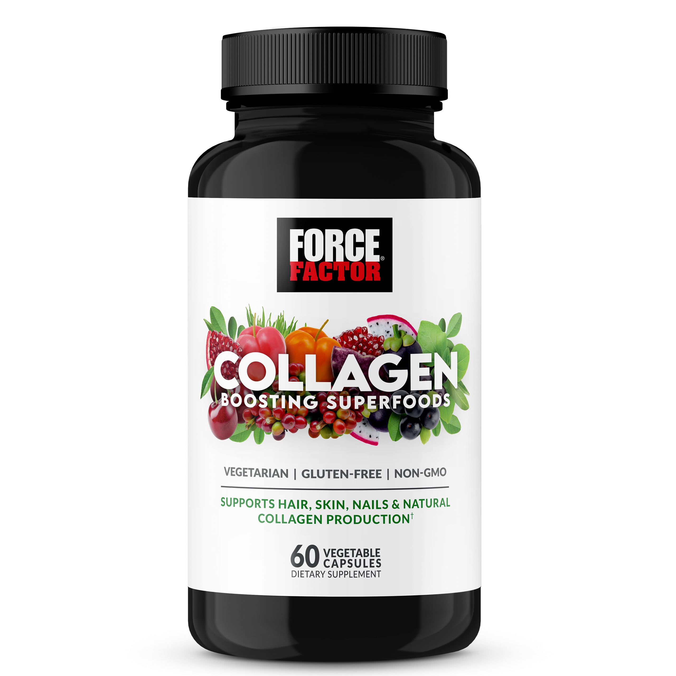 Force Factor Collagen Boosting Superfoods, Vegan Collagen Booster with Hyaluronic Acid, Biotin, Bamboo, Amino Acids & Vitamins for Hair, Skin, and Nails, Strengthener and Skin Supplement, 60 Capsules