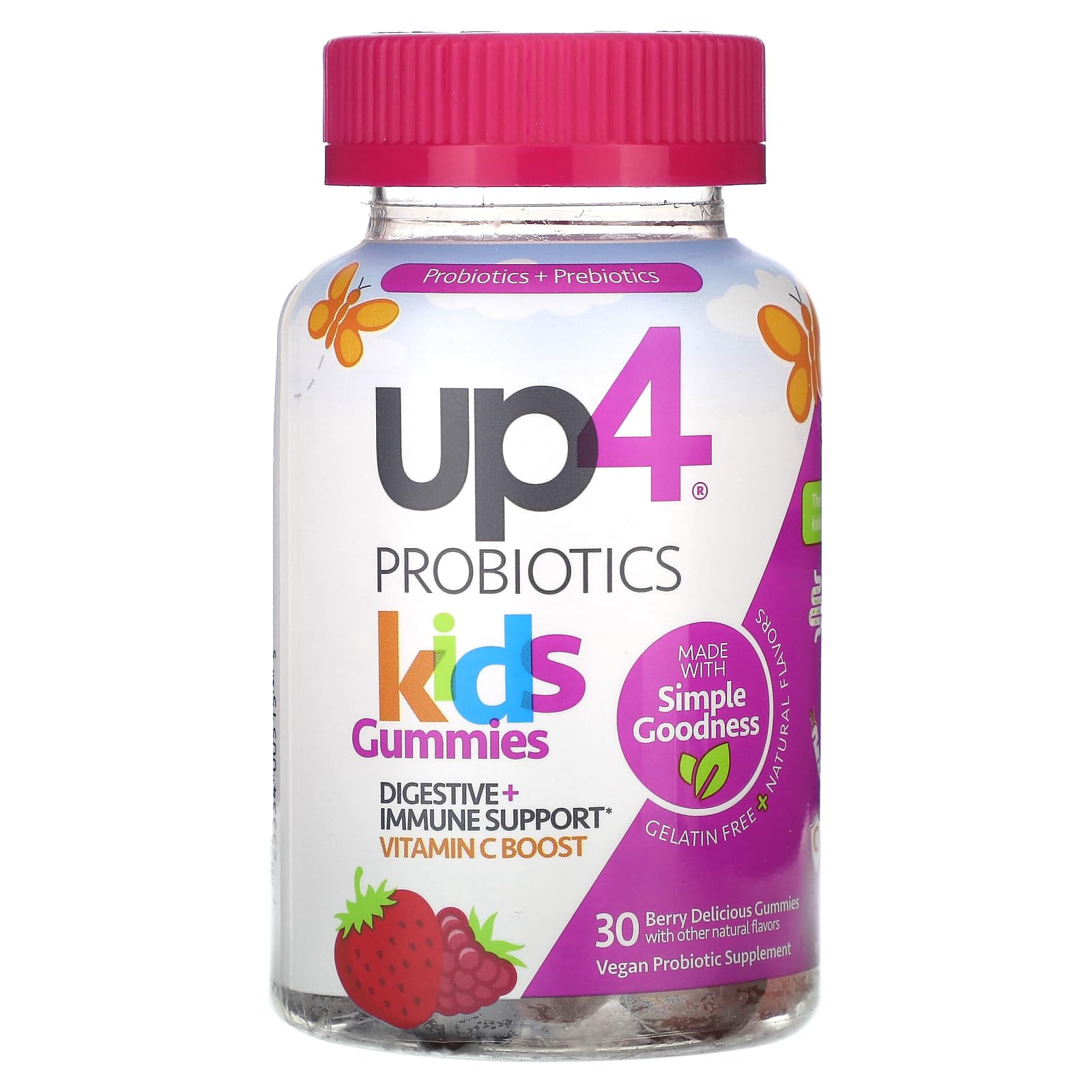 up4 Kids Probiotic Gummies, Digestive and Immune Support with Prebiotics and Vitamin C, Gelatin and Gluten Free, Non-GMO, For Ages 3+, 30 count