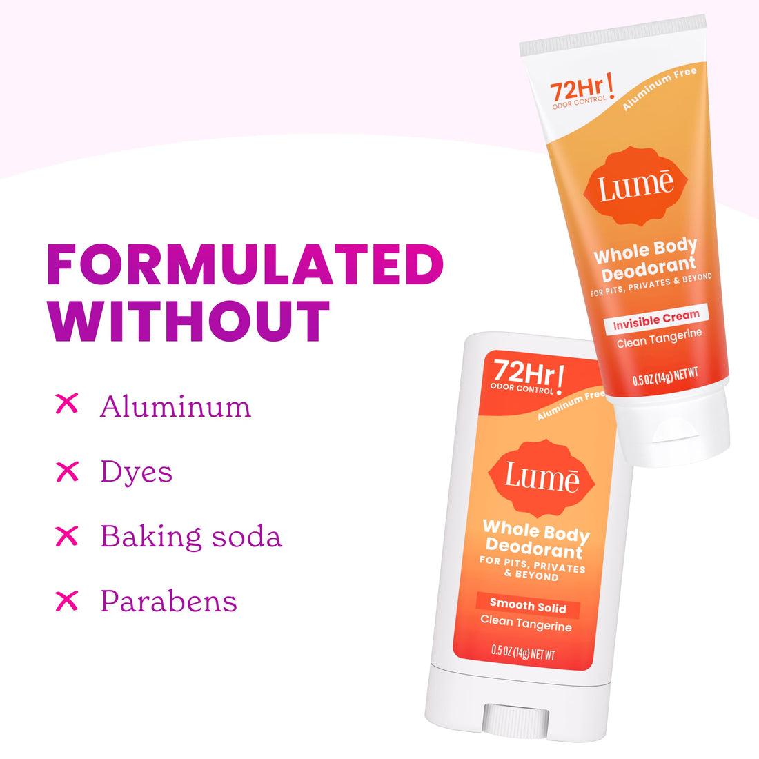 Lume Whole Body Deodorant - Invisible Cream + Solid Stick Mini Bundle - 72 Hour Odor Control - Aluminum & Baking Soda Free, Skin Loving - 0.5 Ounce Each - Travel, Trial Size Minis (Clean Tangerine)