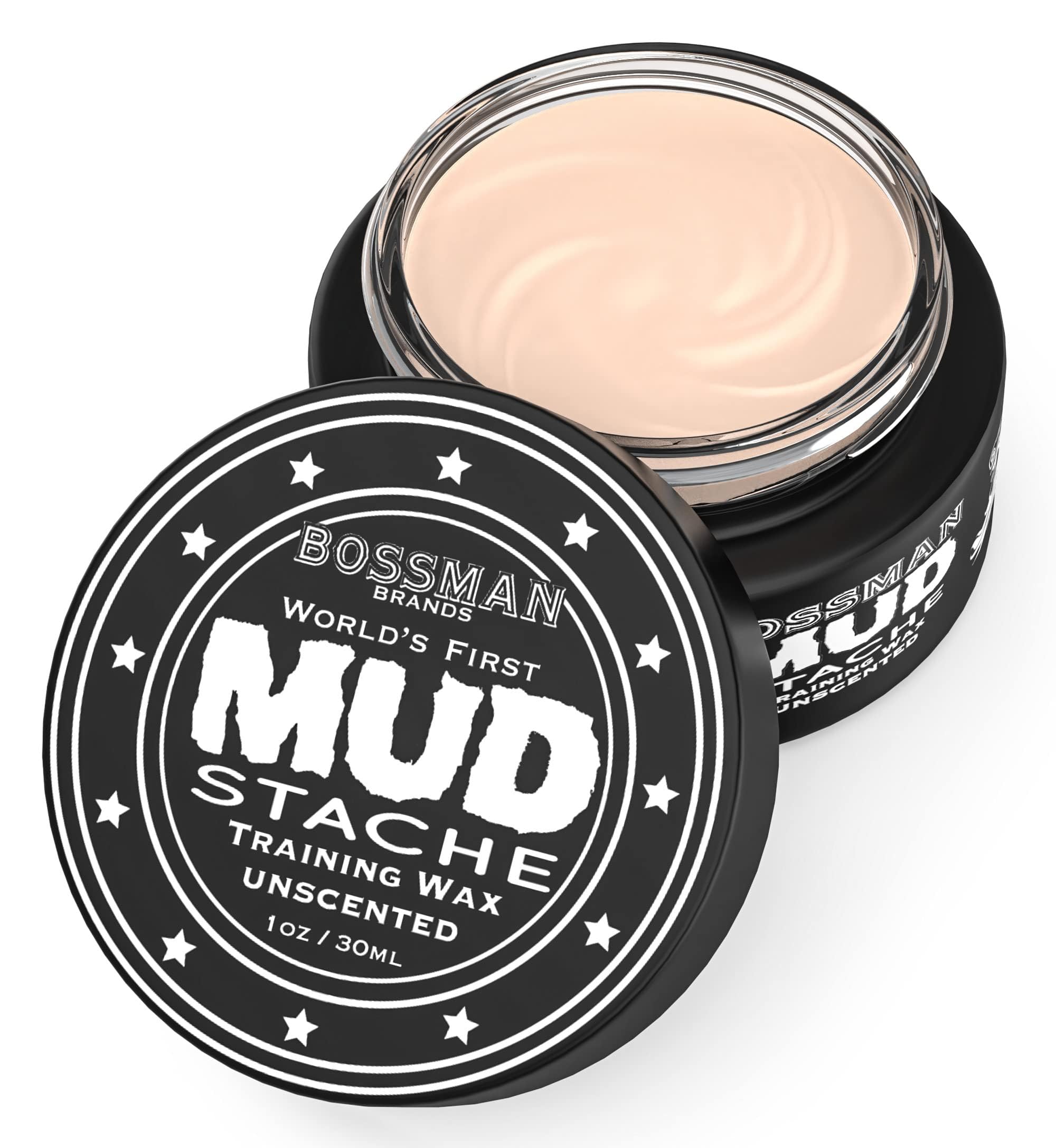 Bossman MUDstache Unscented Mustache Wax – No Pull - Spreads Easy for a Strong Non-Tacky 24 hr Hold - Tame, Train and Style - Moustache Wax for Men (1oz)