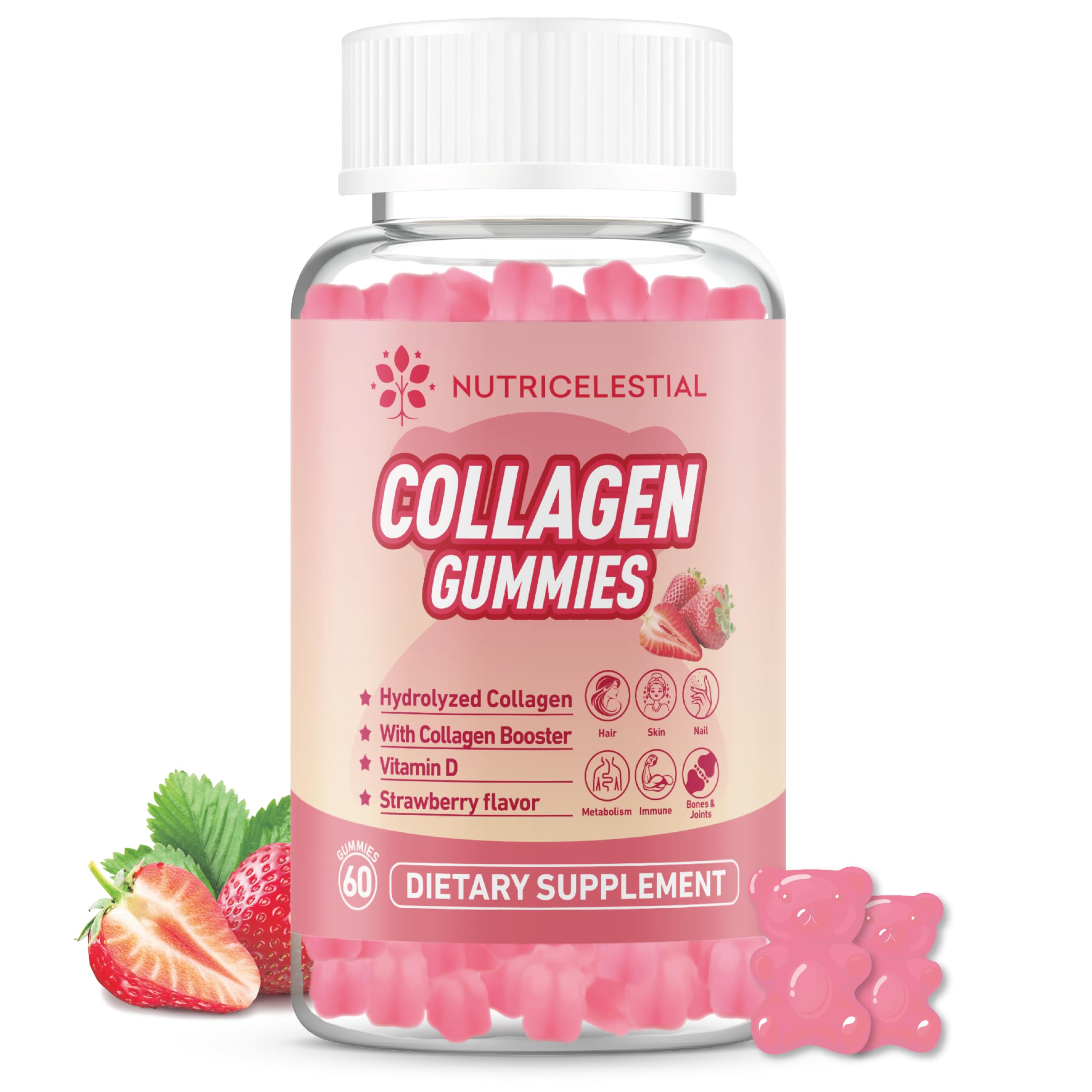 NUTRICELESTIAL Collagen Gummies - Hydrolyzed Collagen with Vitamin D & Biotin, 60 Strawberry Gummies, May Support Skin, Hair, Nails, Immune & Joint Health - Non-GMO, Gluten & Dairy-Free