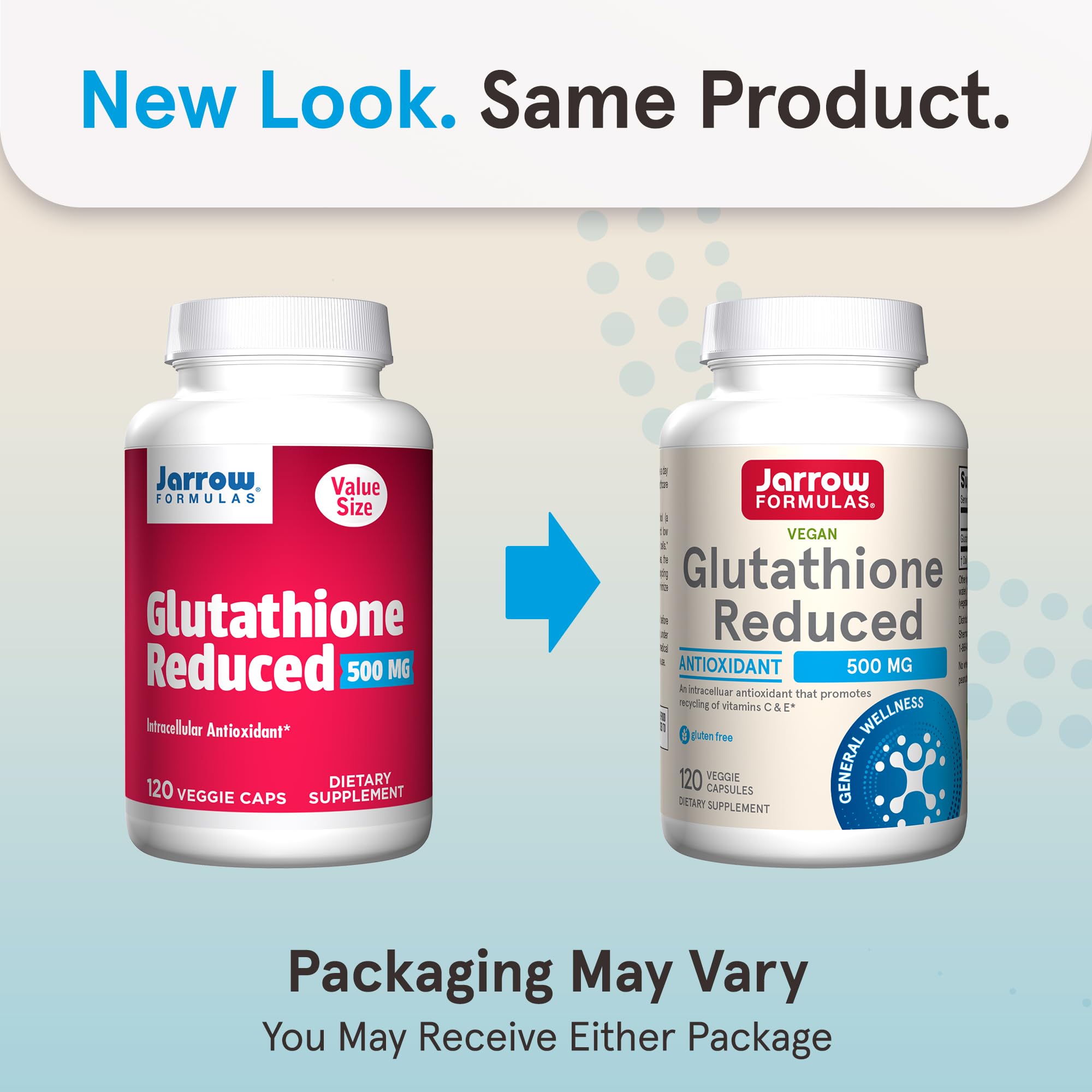 Jarrow Formulas Glutathione Reduced 500 mg - 120 Veggie Caps - Pharmaceutical Grade Glutathione - Intracellular Antioxidant - Bolsters Regeneration of Vitamin C & E Levels in Body - 120 Servings