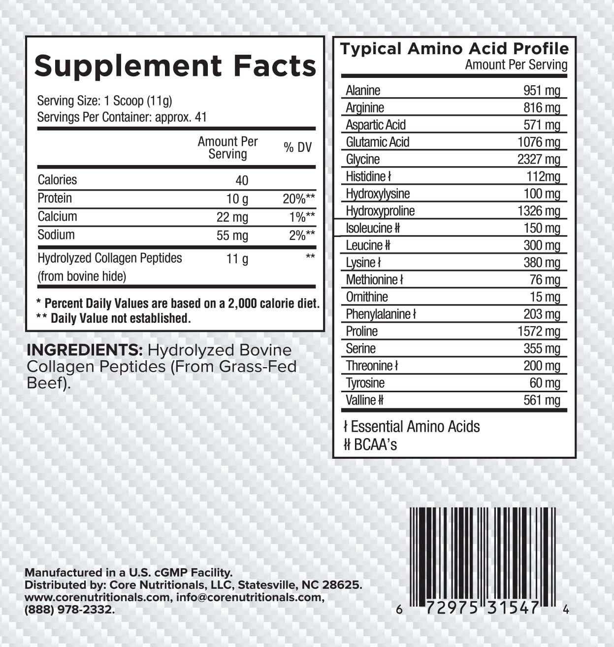 Core Nutritionals Collagen, Grass Fed Bovine Collagen Peptides, Supports Joints, Hair, Skin and Nails, 35 Servings (Chocolate, 1 lb)