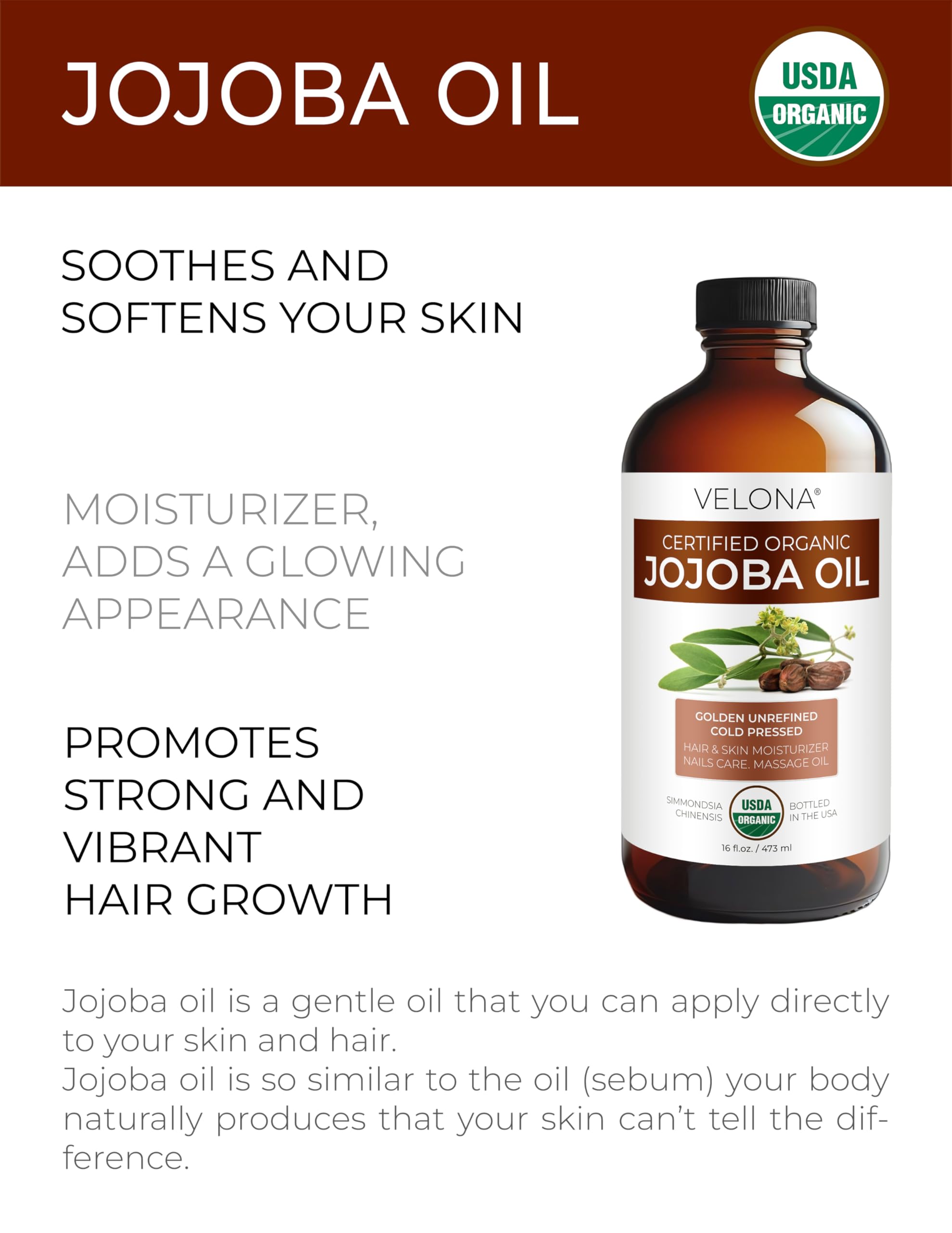 velona USDA Certified Organic Jojoba Oil - 16 Fl Oz in Glass Bottle | 100% Pure and Natural | Golden, Unrefined, Cold Pressed, Hexane Free