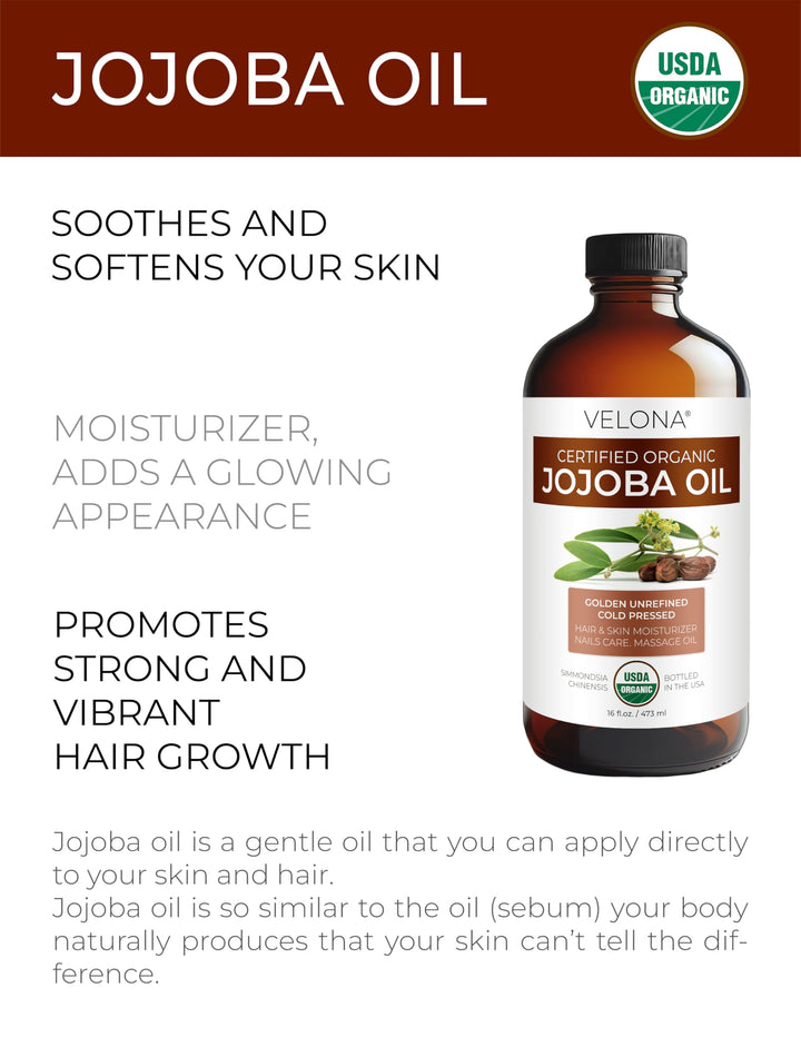 velona USDA Certified Organic Jojoba Oil - 16 Fl Oz in Glass Bottle | 100% Pure and Natural | Golden, Unrefined, Cold Pressed, Hexane Free