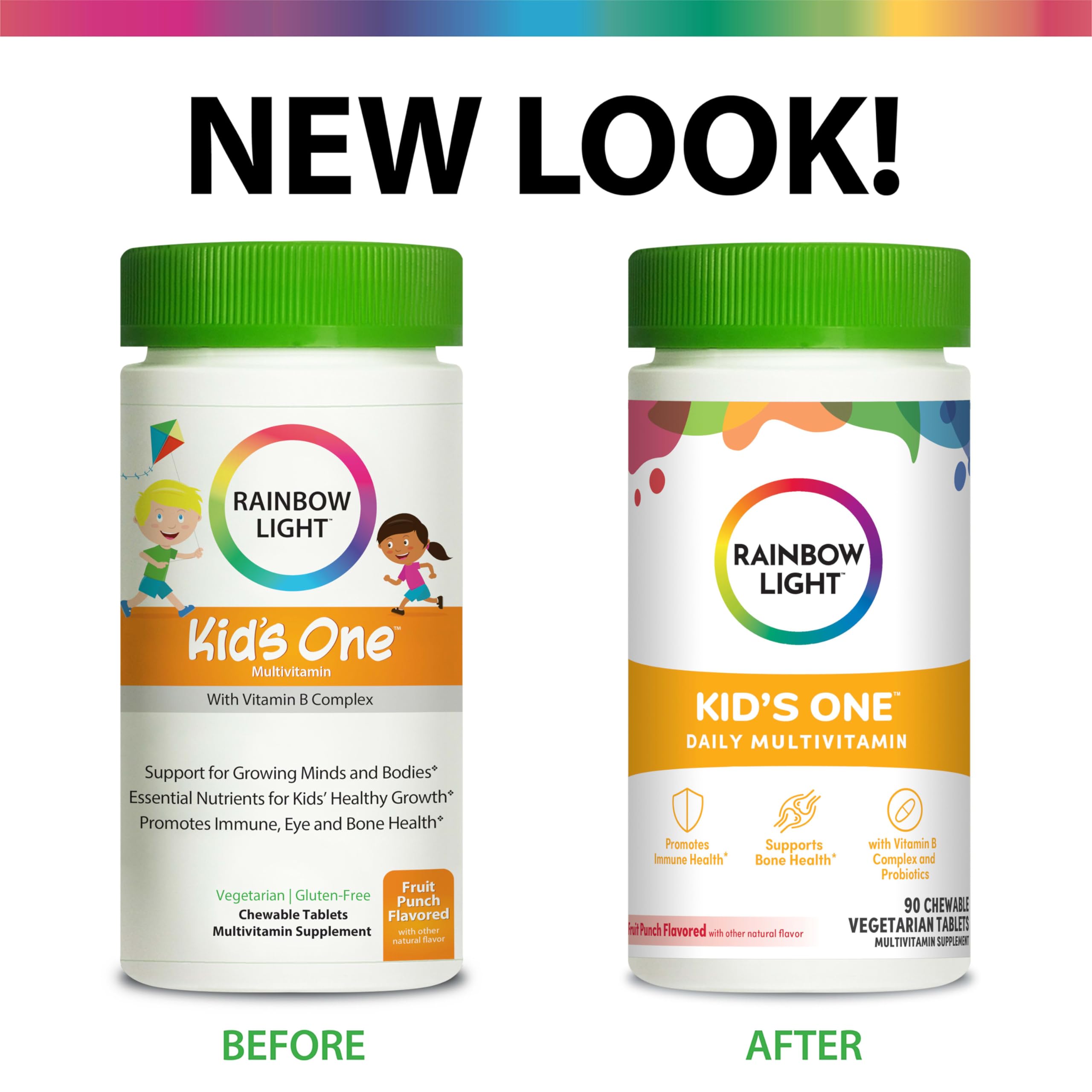 Rainbow Light Kids One Multivitamin, Chewable Multivitamin for Kids Provides Healthy Growth and Immune Support, With Vitamin C, Zinc, & B Complex, Vegetarian and Gluten Free, Fruit Punch, 90 Count