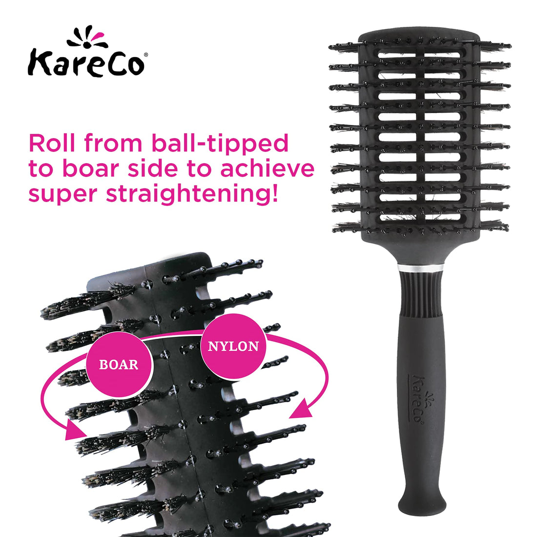 KareCo Oval Vent Brush, Dual Natural Boar Bristles And Soft Nylon Ball Tipped Pins, Vented, Ergonomic Grip, Black Color