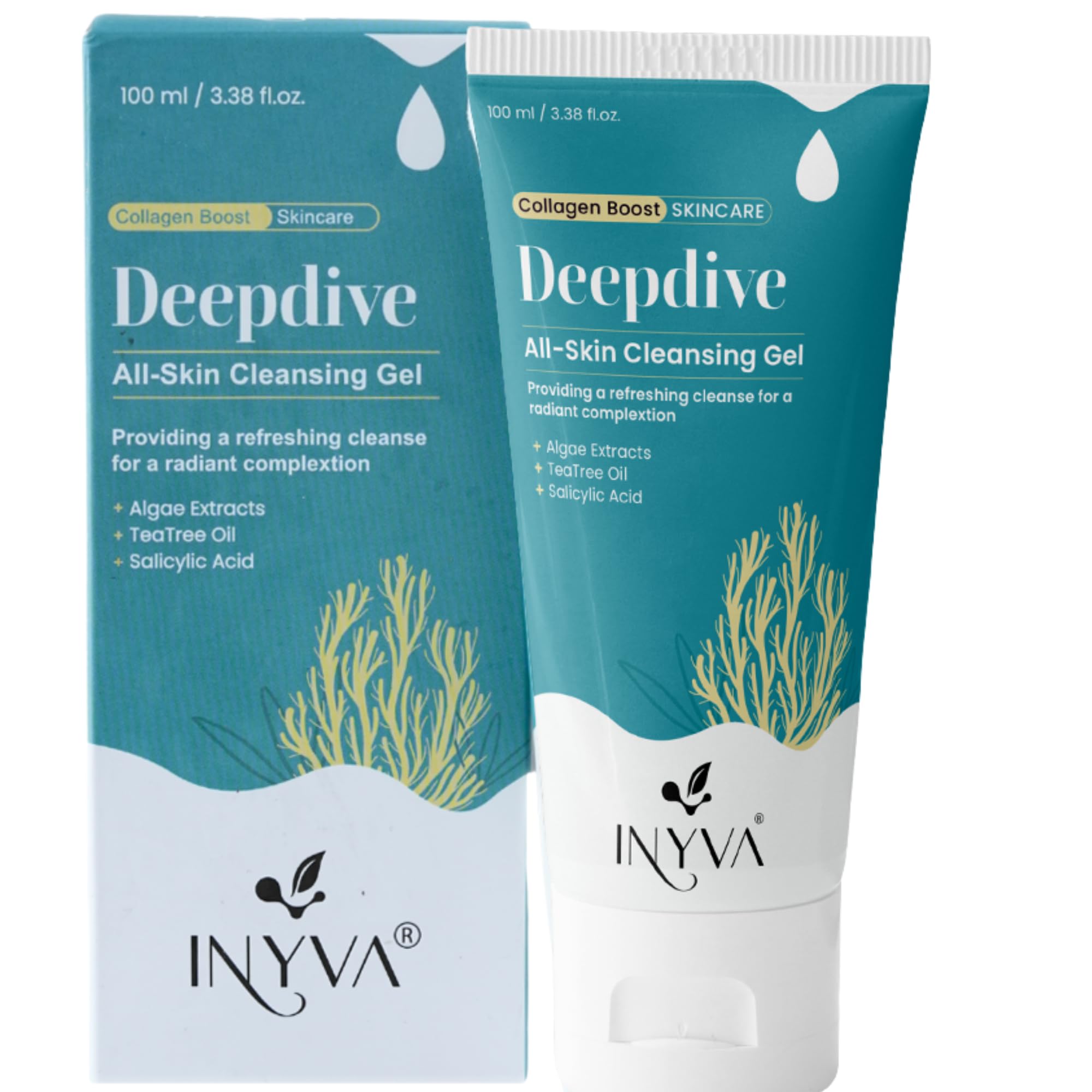 INYVA Skincare Deepdive Cleansing Gel with Salicylic Acid, Tea Tree Oil,Algae Extract - Deep Cleansing, Makeup Removal, Acne Control & Pore Unclogging Solution - Oil Free Face Wash - 3.38 Oz