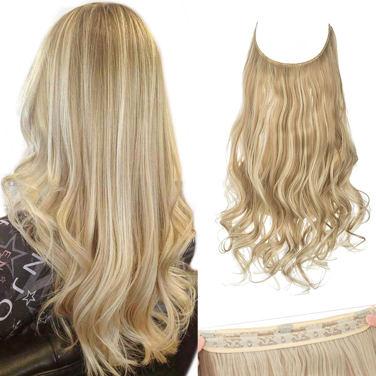SARLA Synthetic Hairpieces Flip in Women Hair Extensions Natural Wave Invisible Halo Hair Extensions M01 (16H613 Dirty Blonde)