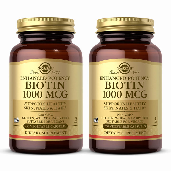 Solgar Biotin 1000 mcg, 250 Vegetable Capsules (Pack of 2) - Supports Healthy Skin, Nails & Hair - Energy Metabolism - Enhanced Potency - Non-GMO, Vegan, Gluten Free, Dairy Free, Kosher - 500 Servings