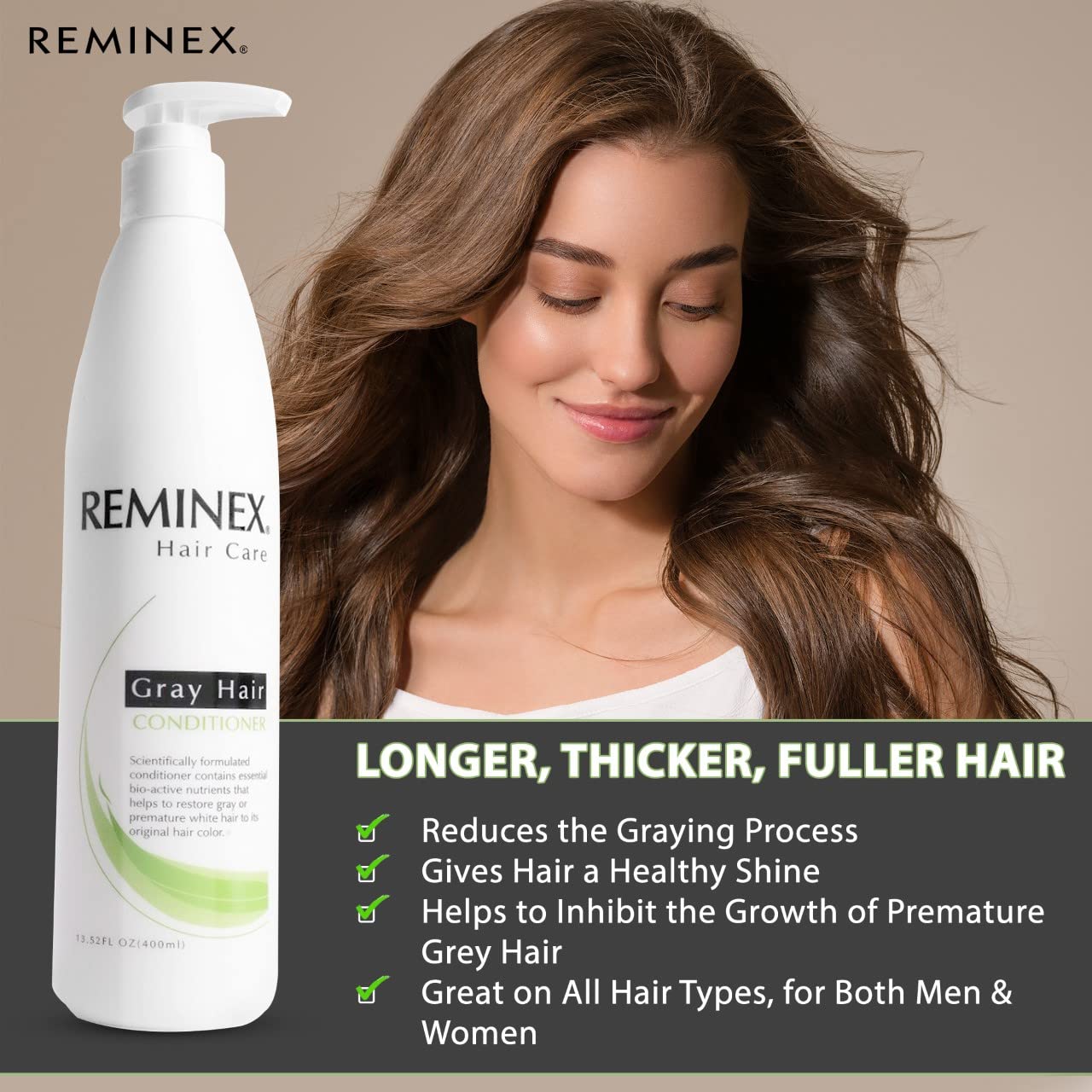 Anti-gray Hair Conditioner By Reminex to Restore Gray Hair and White Hair to Their Original Hair Color. 8 Oz. Per Bottle. Perfect to Use with Reminex Anti-gray Hair Shampoo. Paraben Free.