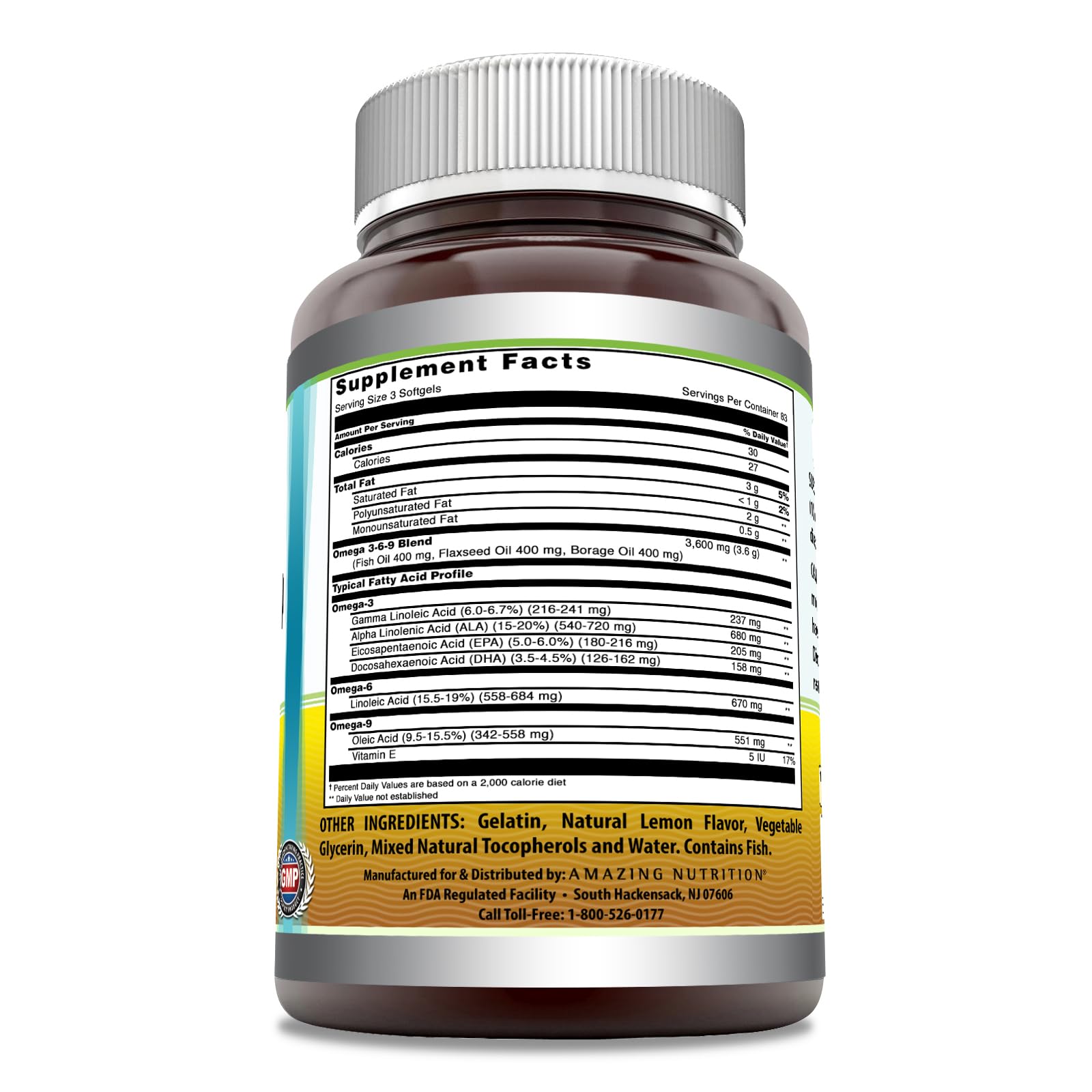 Amazing Omega 3.6.9 1200 mg Softgels Supplement | Unique Formula of Flaxseed Oil 400 mg, Fish Oil 400 mg and Borage Oil 400 mg | Rich in Omega 3,6,9 Fatty Acids (Lemon, 250 Count)