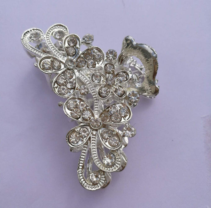 Numblartd Vintage Silver Alloy Chic Fancy Hair Claw Jaw Clips Pins with White Rhinestone - Women Fashion Retro Hair Catch Hair Updo Grip Hair Accessories