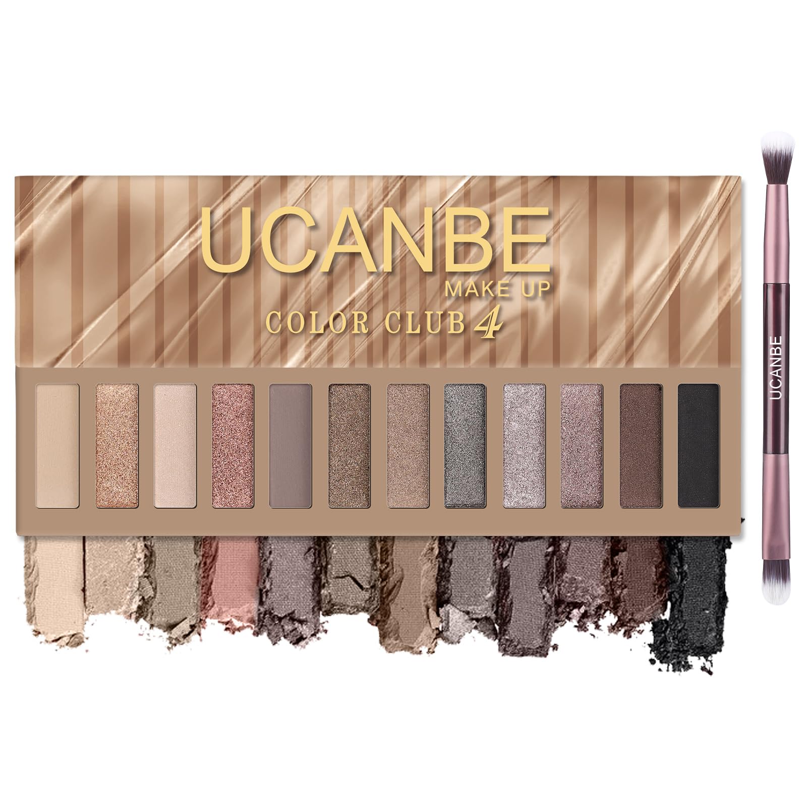 UCANBE 12 Color Eyeshadow Makeup Palette, Naked Nude Eye Shadow, Neutral Matte Shimmer Make Up Pallet with Double-ended Brush Set Kit, Highly Pigmented Long Lasting Waterproof