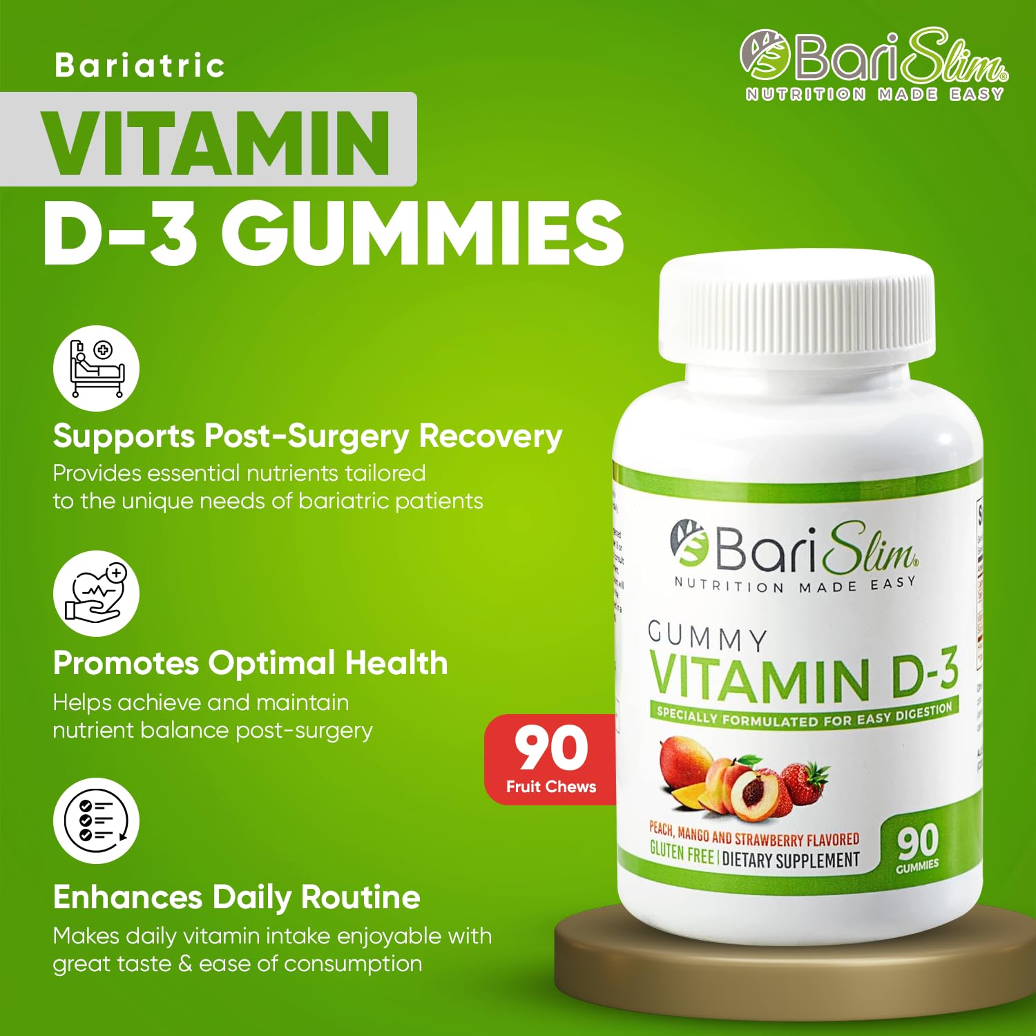 BariSlim Bariatric Vitamin D-3 Gummies - Specially Formulated Gummy Vitamin for Patients After Weight Loss Surgery - Easy to Digest and Great Tasting Fruit Flavors | 90 Fruit Chews