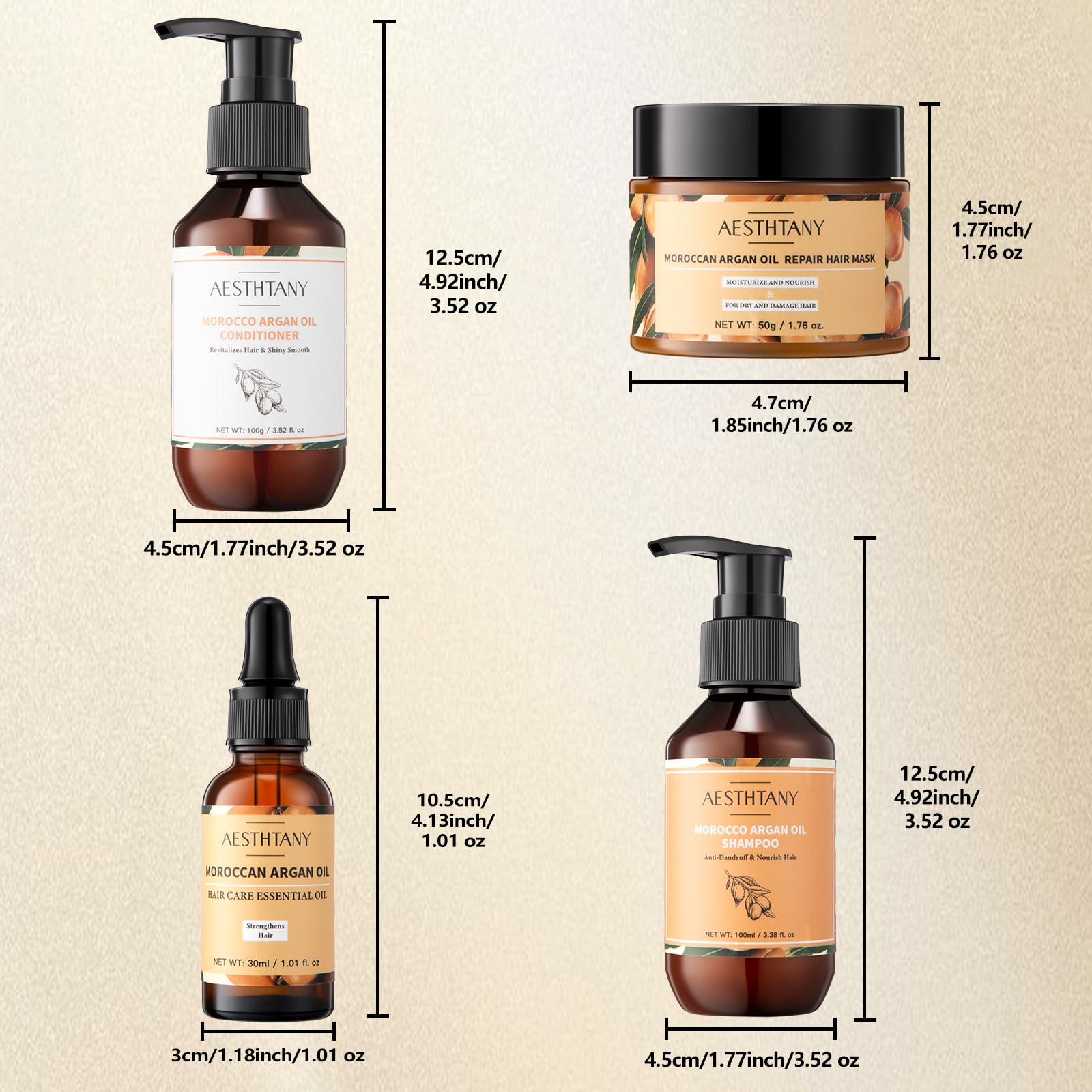 AESTHTANY Morocco Argan Oil Hair Care Travel Kit Rich Moisture Shampoo & Conditioner + Repair Hair Mask + Hair Care Essential Oil(4 Piece Set)