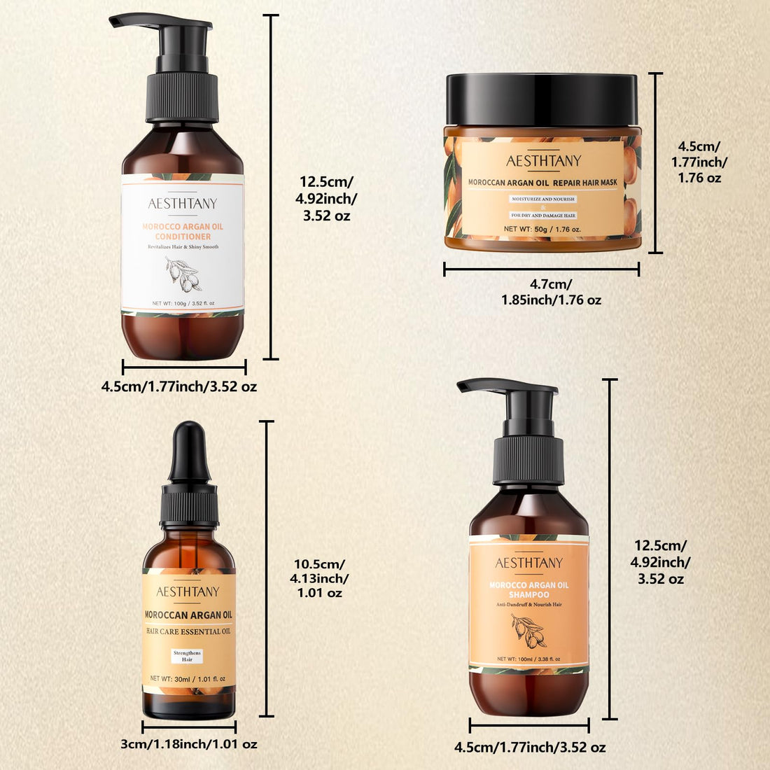 AESTHTANY Morocco Argan Oil Hair Care Travel Kit Rich Moisture Shampoo & Conditioner + Repair Hair Mask + Hair Care Essential Oil(4 Piece Set)