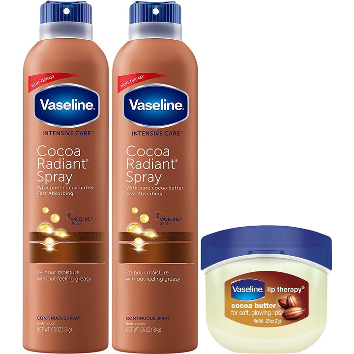 Vaseline Cocoa Radiant Spray Body Lotion 2-Pack + Mini Lip Therapy for Soft, Glowing Skin & Lips