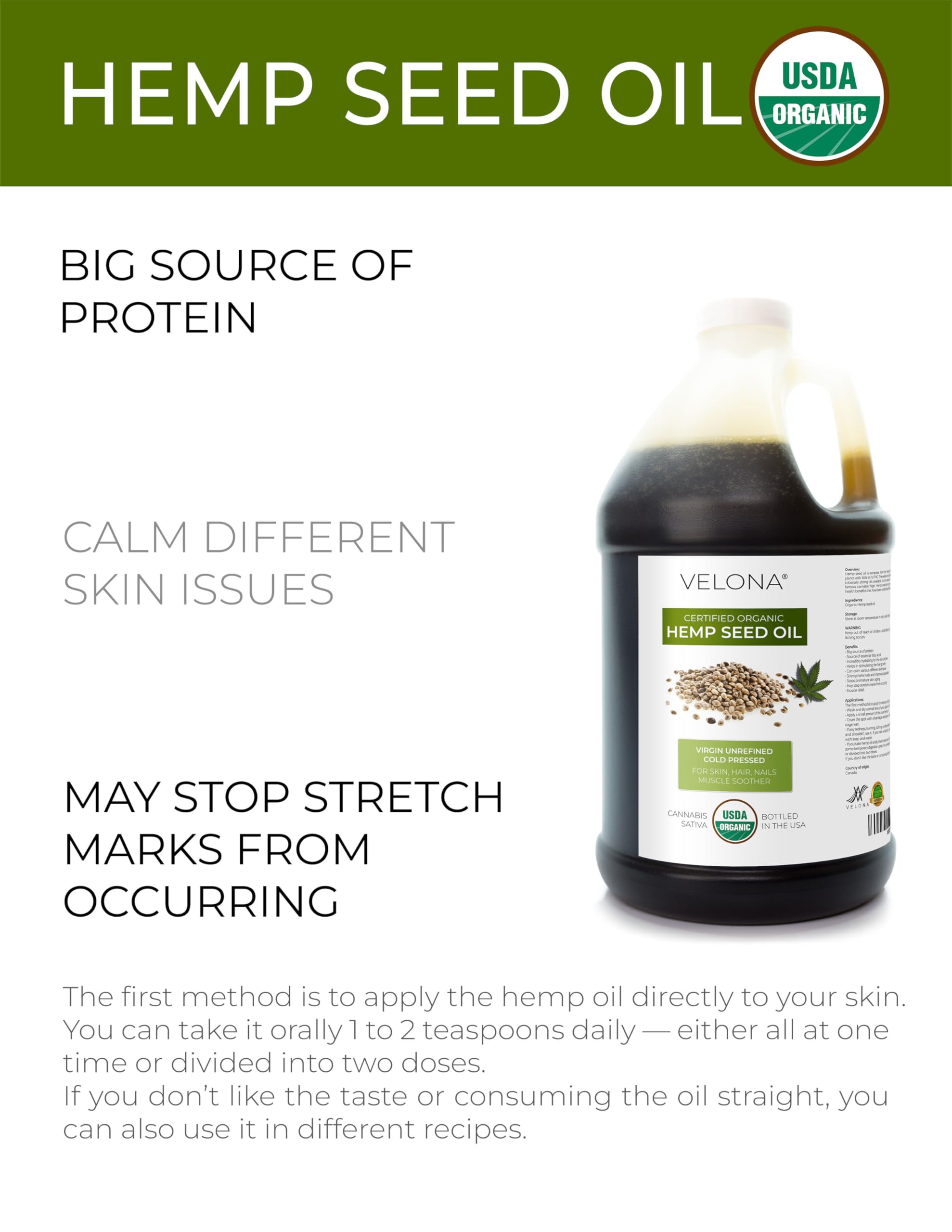 velona Hemp Seed Oil USDA Certified Organic - 64 fl oz | 100% Pure and Natural Carrier Oil | Unrefined, Cold Pressed