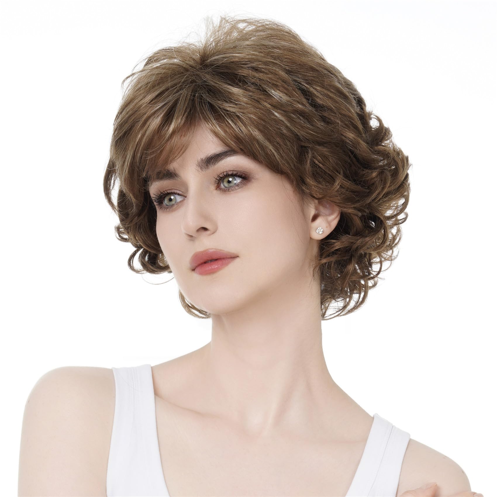 #12TT26-Brown Highlighted: Aimole Short Curly Synthetic Wigs Full Capless Hair Women's Thick Wig for Everyday 12TT26 Brown Highlighted