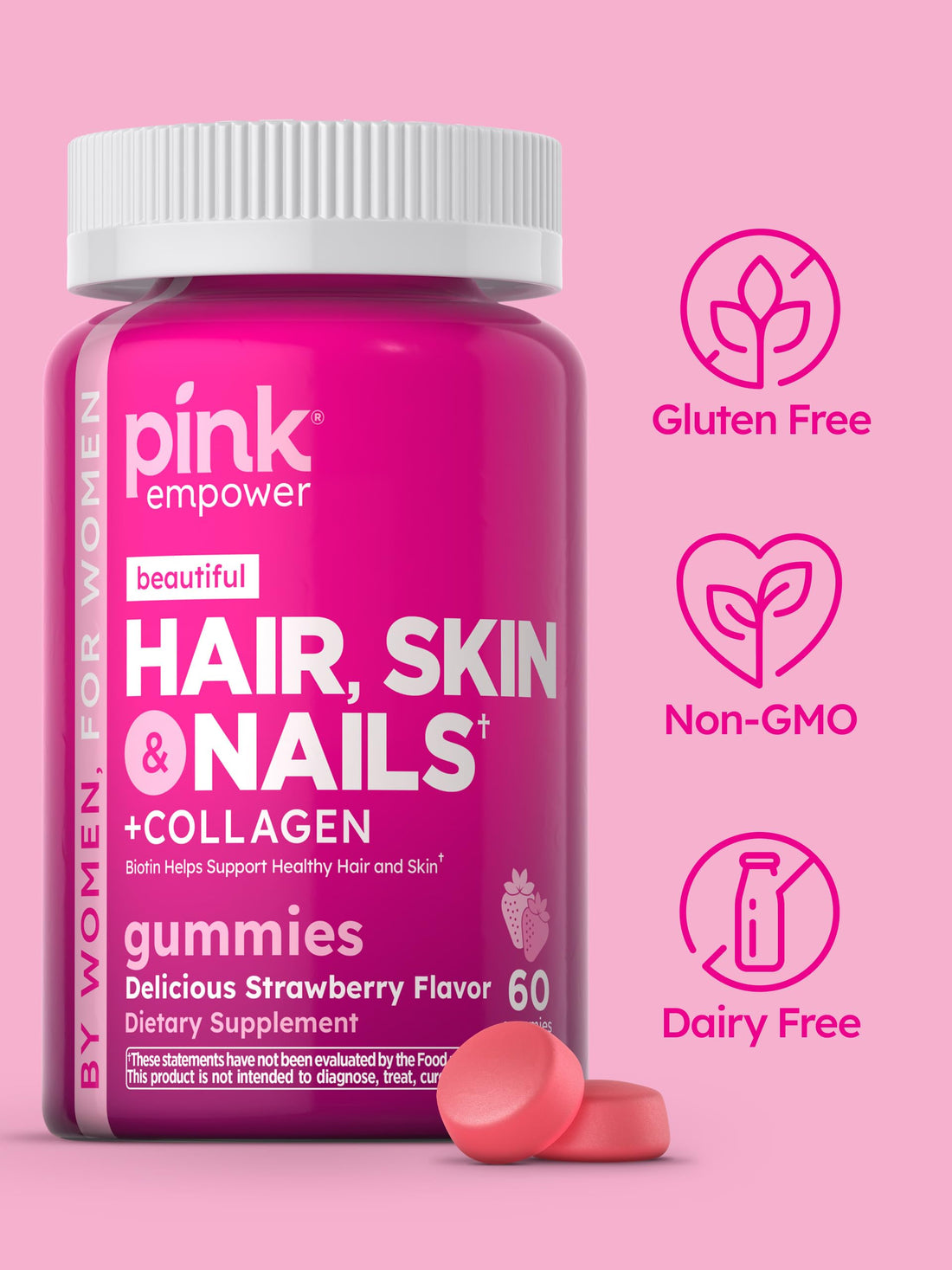 PINK Hair Skin Nails Gummies | 60 Count | Plus Collagen & Biotin | Non-GMO & Gluten Free Vitamins for Women | Strawberry Flavor