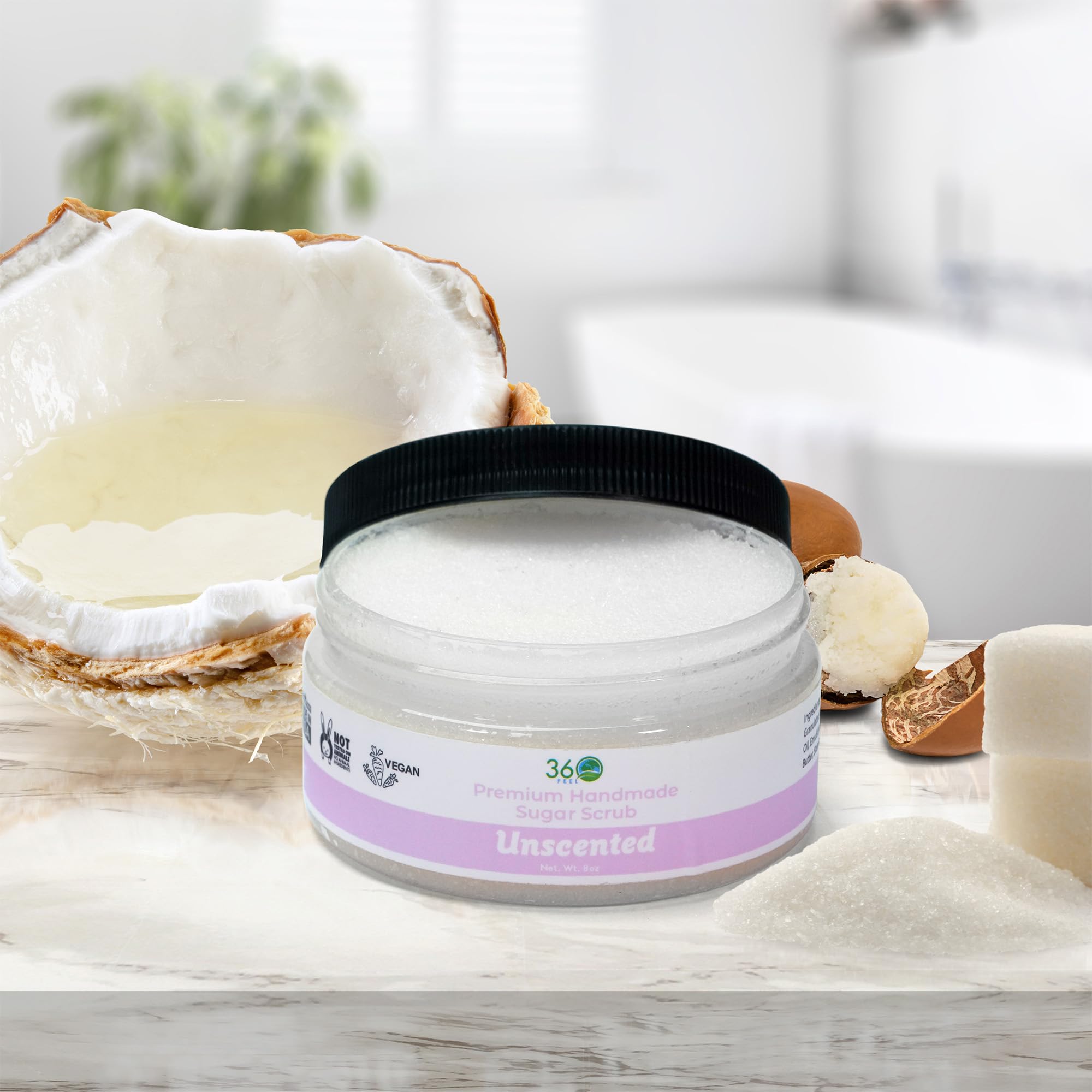 360Feel Fragrance Free Sugar Body Scrub - Suitable for Acne Scars and Stretch Marks - Foot Scrub - Great Gifts For Women - 8 Fluid Ounce