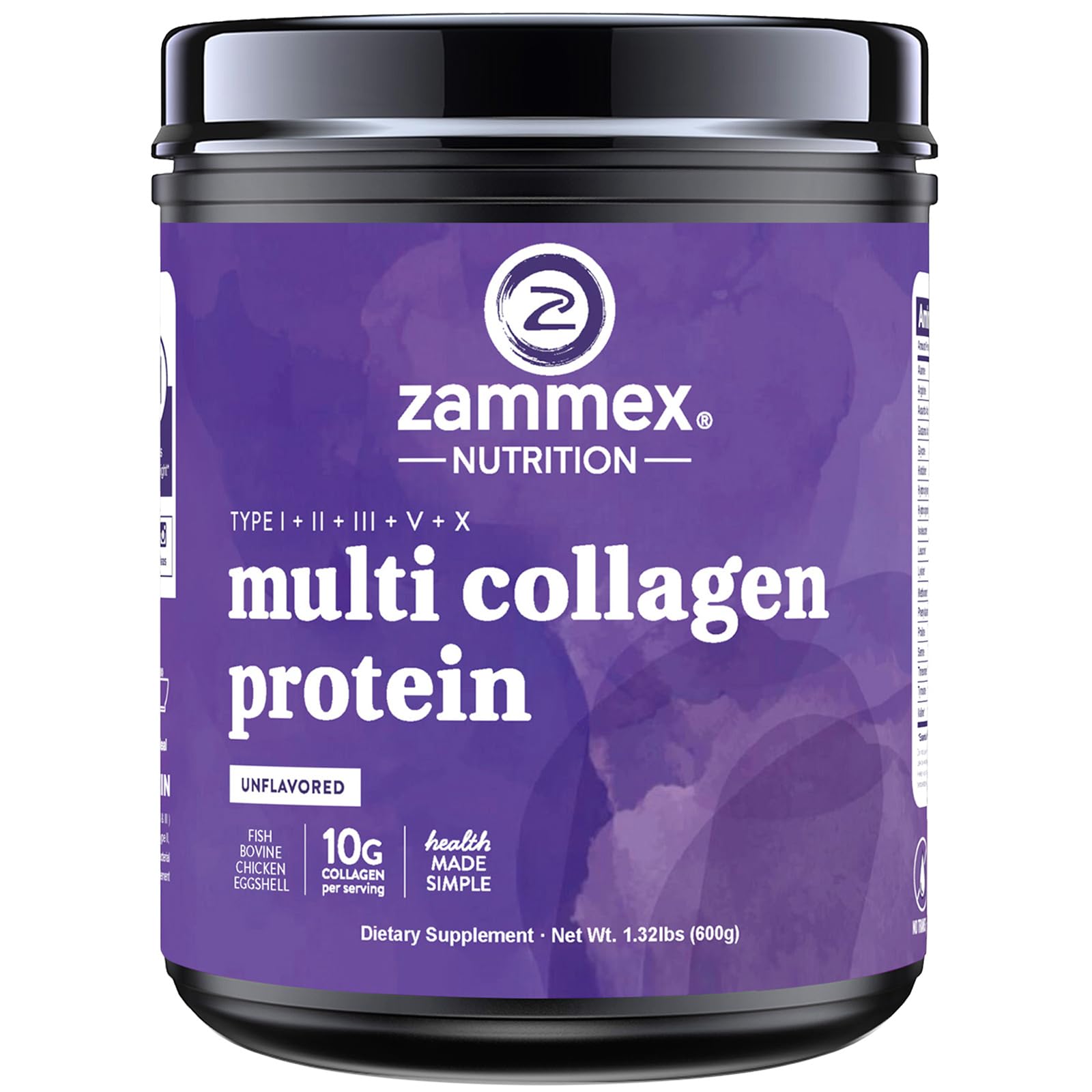 Zammex Multi Collagen Peptides, 5 Types of Hydrolyzed Collagen Unflavored Protein Powder, 60 Serving, Premium Grass-Fed Beef, Chicken, Wild Fish, Eggshell, Keto & Paleo Friendly, Easy Mix