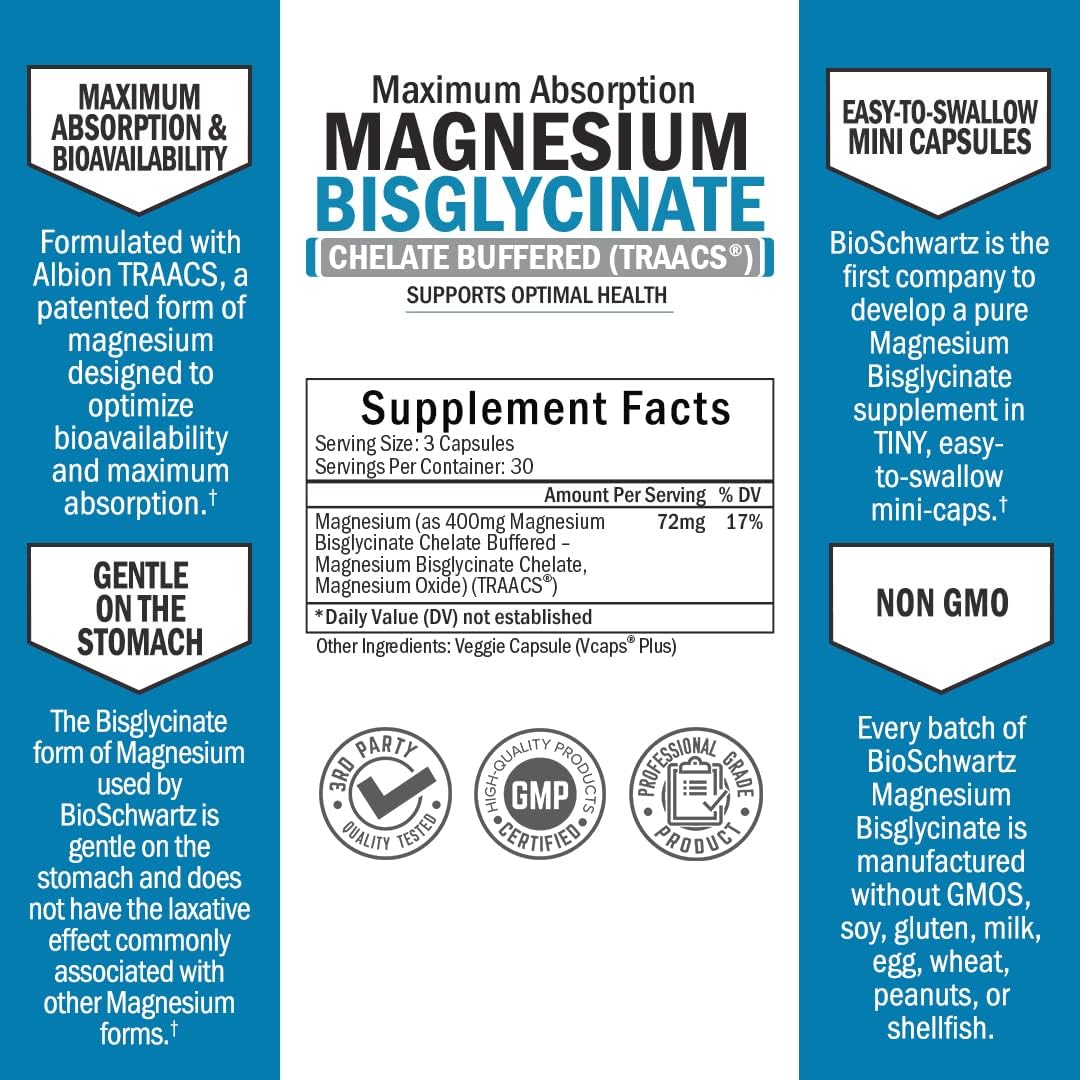 Magnesium Bisglycinate 100% Chelate No-Laxative Effect. Maximum Absorption & Bioavailability, Fully Reacted & Buffered. Sleep, Energy, Stress & Anxiety, Leg Cramps, Headaches. Non-GMO Project Verified