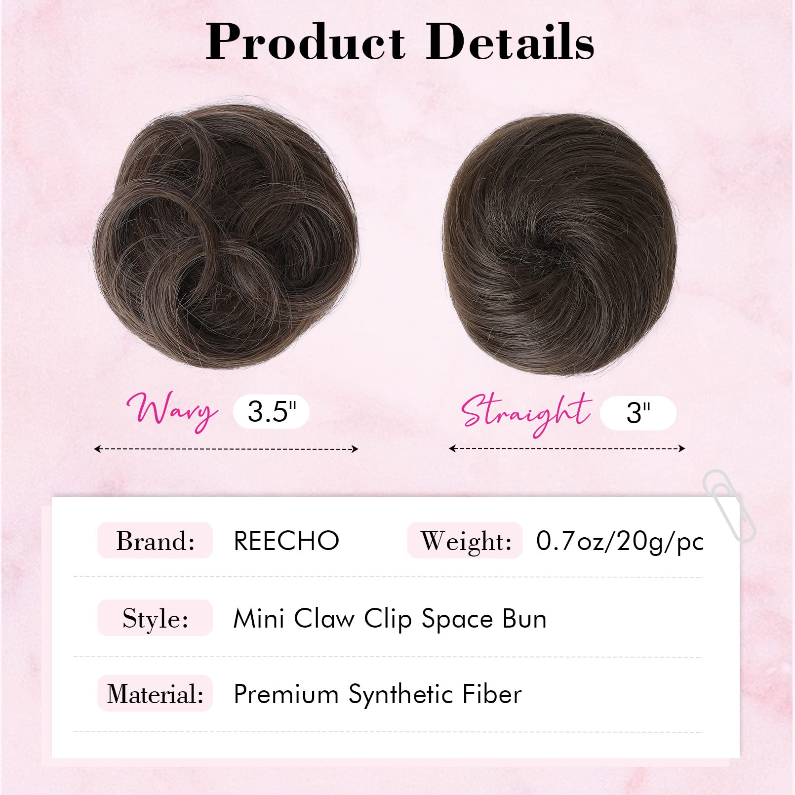 REECHO 2 PCS Mini Claw Clip in Messy & Cat Ears Hair Bun Extensions HB001 Wig Accessory Updo Hairpieces for Women Girls (Pack of 2-3 Straight, Ash Light Brown)