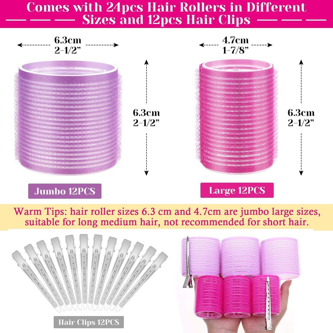 Hair Curlers Rollers, Cludoo 36Pcs Jumbo Big Hair Roller Sets with Stainless Steel Duckbill Clip, 2 Size Self Grip Hair Curlers Rollers for Long Medium Short Thick Fine Thin Hair Bangs Volume