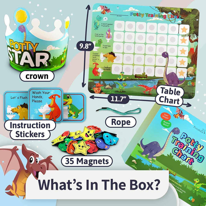 Potty Training Chart with 35 Stickers, 3 Reminder Stickers and Crown for Toddlers Boys and Girls - Potty Training Rewards for Kids - Dino