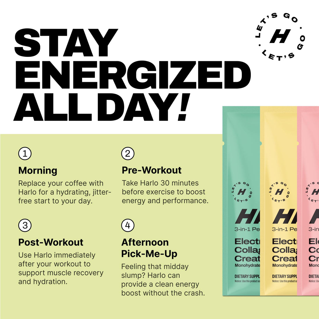 Harlo - Sample Pack Electrolyte Drink Mix with Added Bovine Collagen & Creatine - Creatine Monohydrate Powder - Energy Drink Powder - Sugar Free Energy Drinks