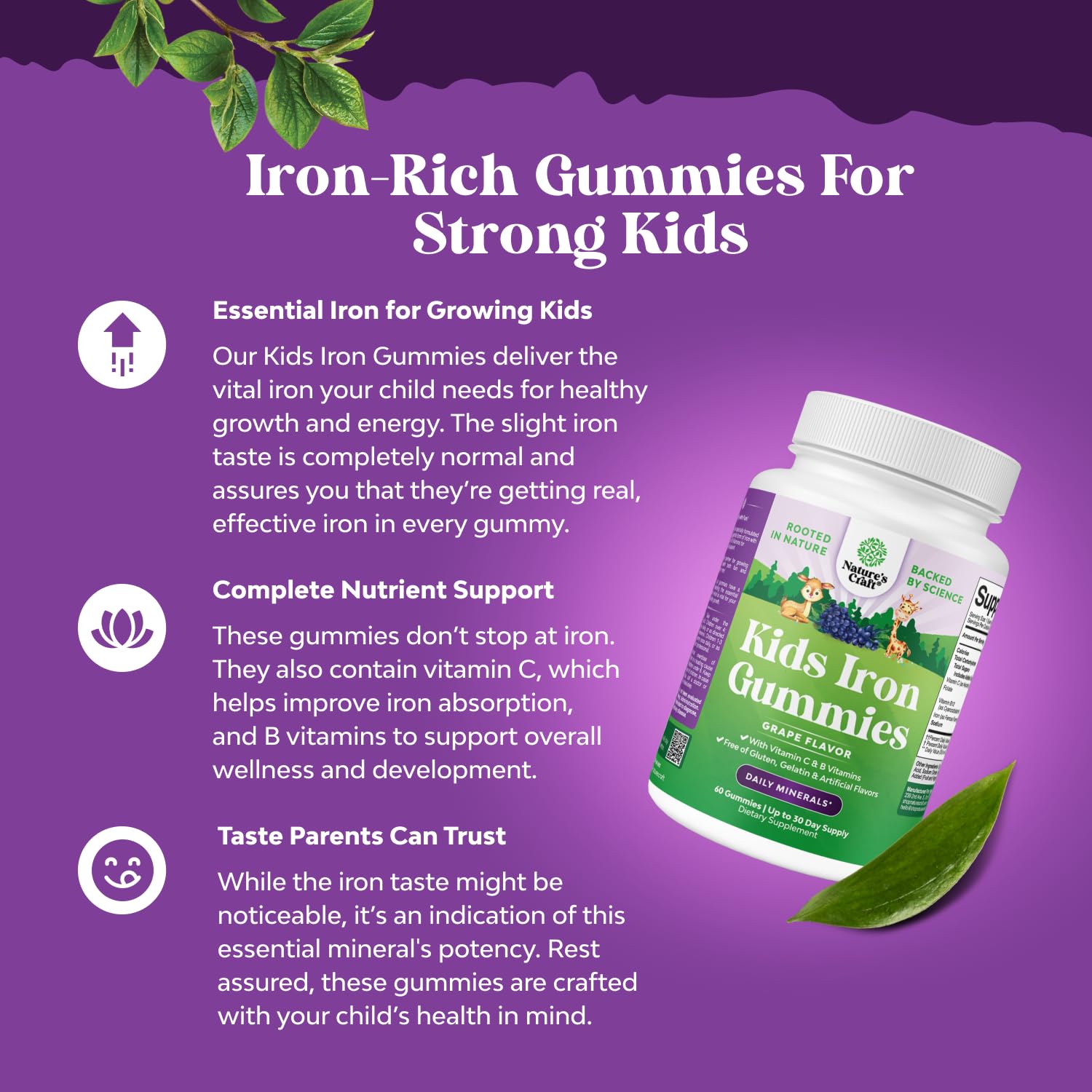 Kids Iron Gummies - Blood Builder Iron Supplements for Kids with Gentle for Stronger Immunity & Energy - Vitamin B12, Folate & Vitamin C Gummies - Vegan, GMO & Gluten Free for Toddlers - 60 Count