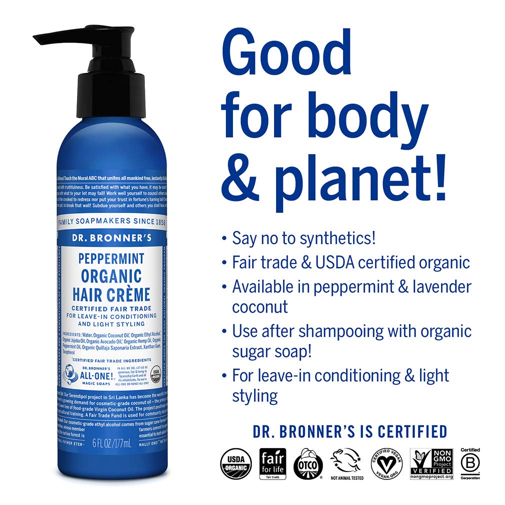 Dr. Bronner's Magic All-One! Organic Fair Trade Hair Creme, Peppermint, 6-Ounce Pump Bottles