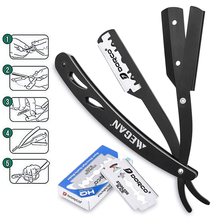 (Upgrade to add blades)Megan Beard shaping tool kit for Men include shaping comb & Professional Straight Edge Razor & 10 Count of double edge blade & Stainless steel beard scissors,Gift box packaging.