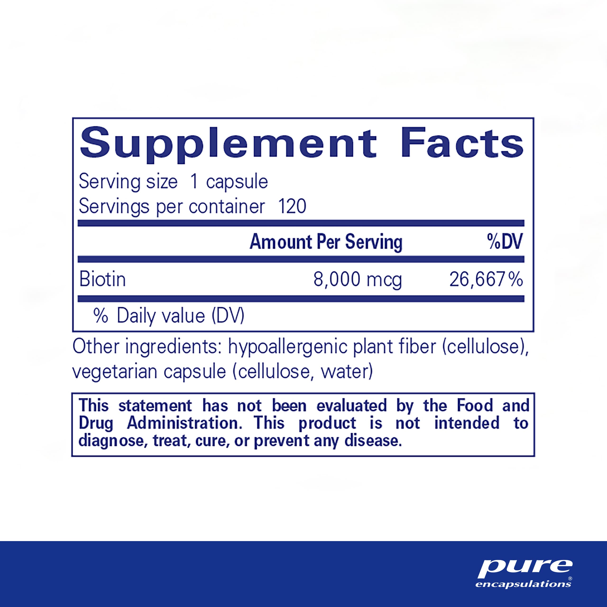 Pure Encapsulations Biotin 8 mg - B Vitamin Supplement to Aid Stress Relief, Hair, Skin & Nail Strengthening, Metabolism, Carbohydrate Support & Nervous System* - with Premium Biotin - 120 Capsules